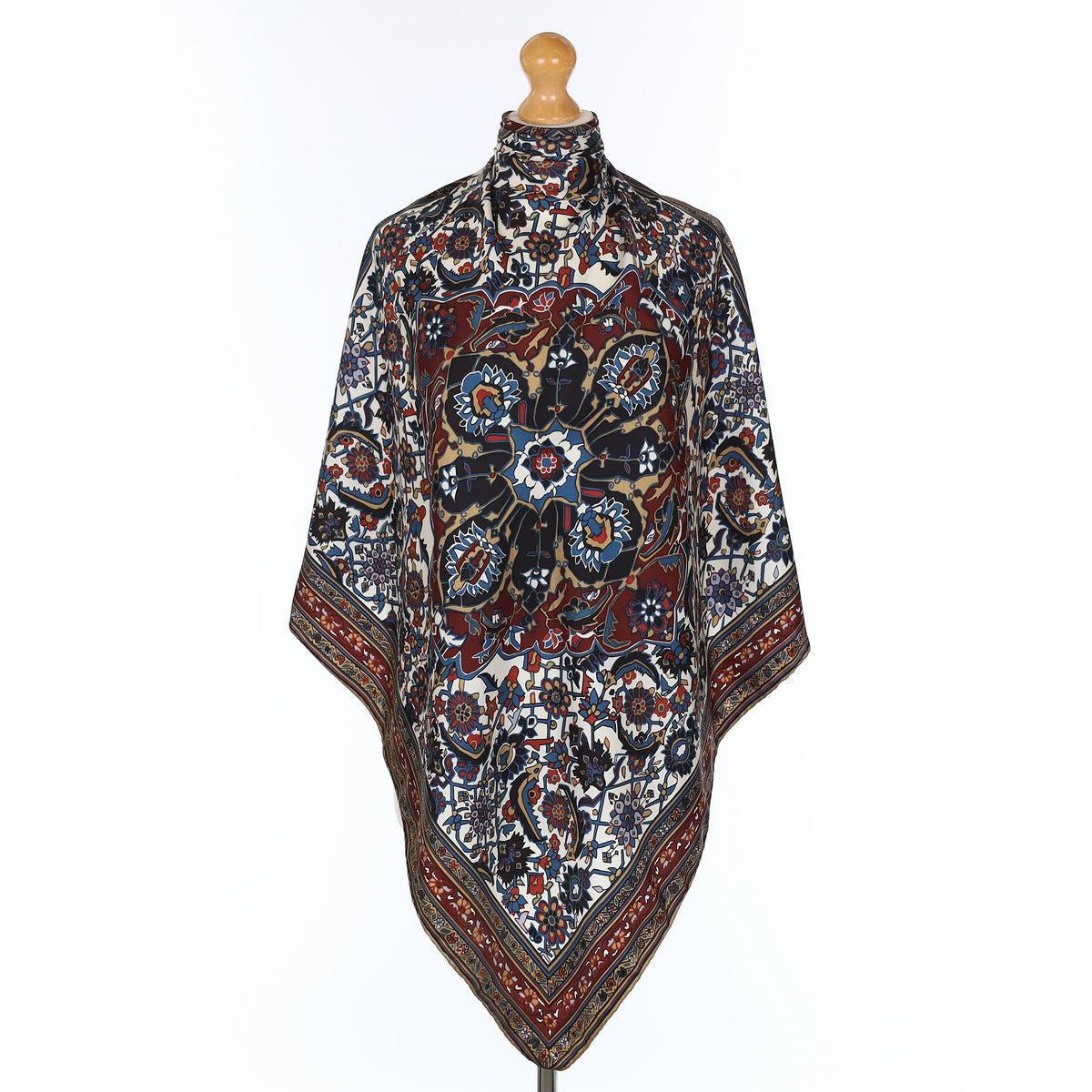 Pristine Burgundy and Blue Patterned Vintage Silk Scarf