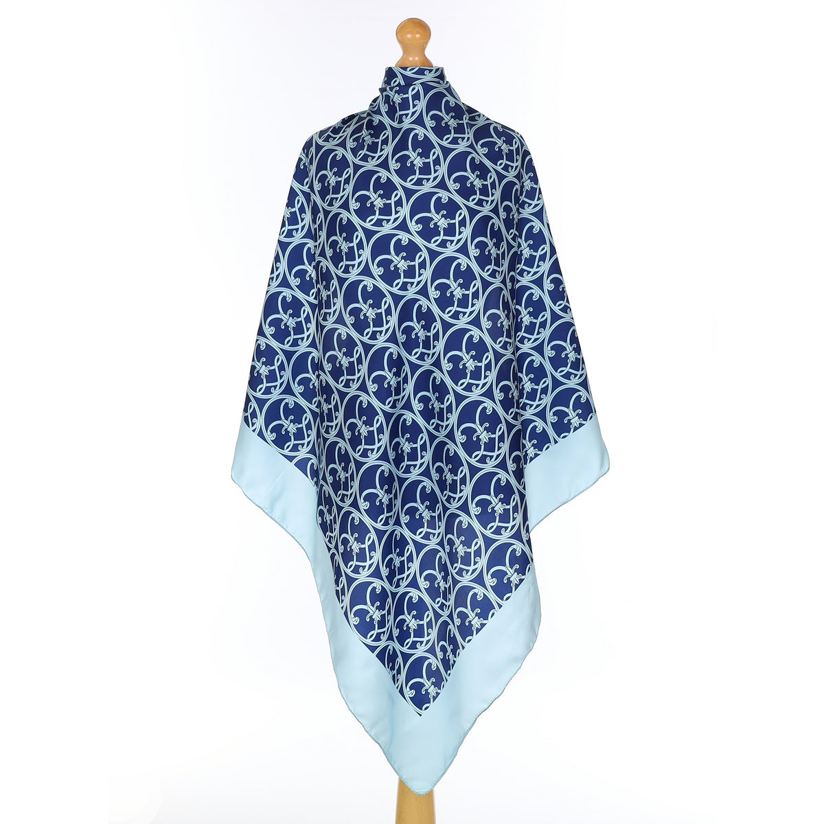 Pristine Aqua and Navy Fleur de Lis Silk Scarf