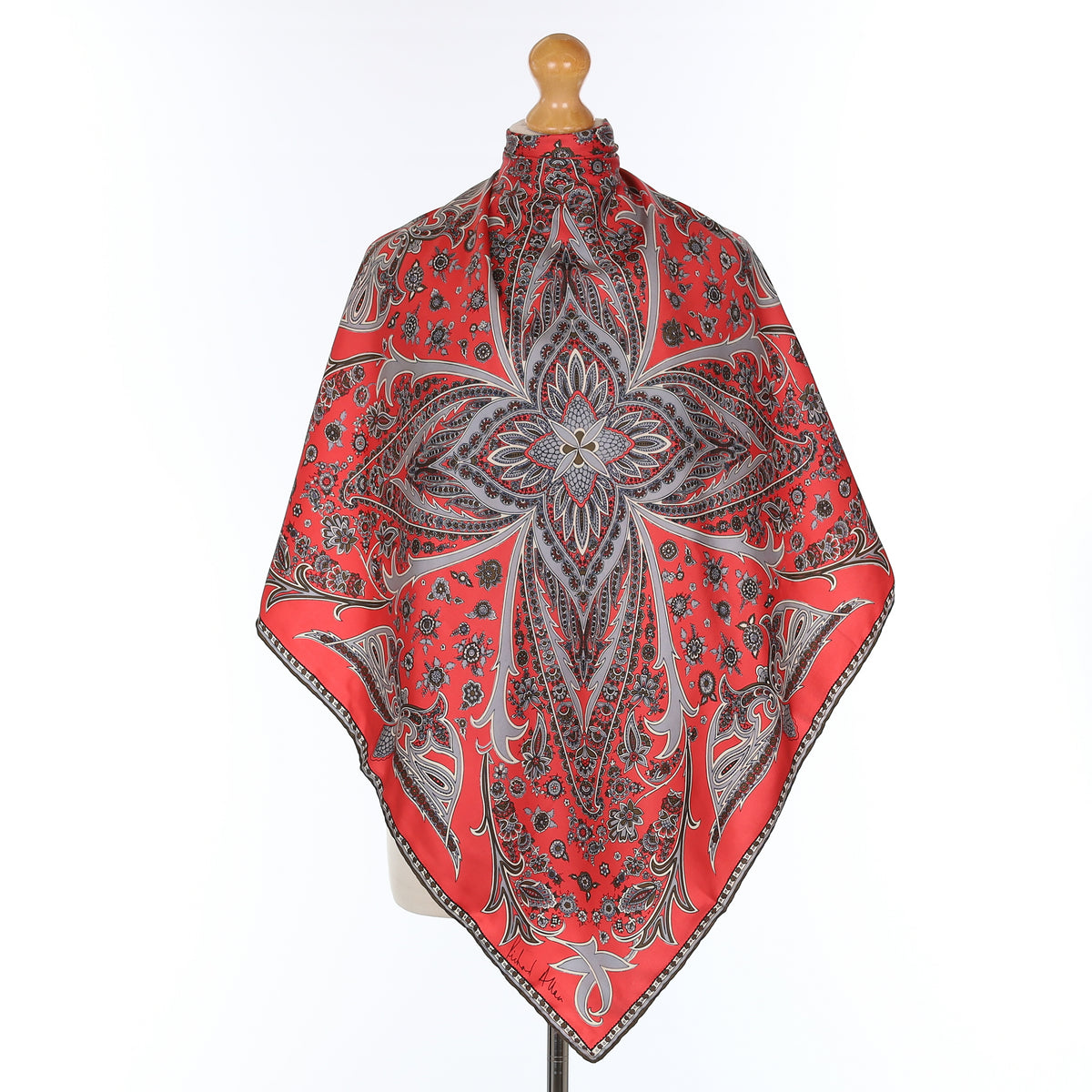 Pristine 1970's Richard Allan Strawberry Red and Grey Vintage Silk Scarf