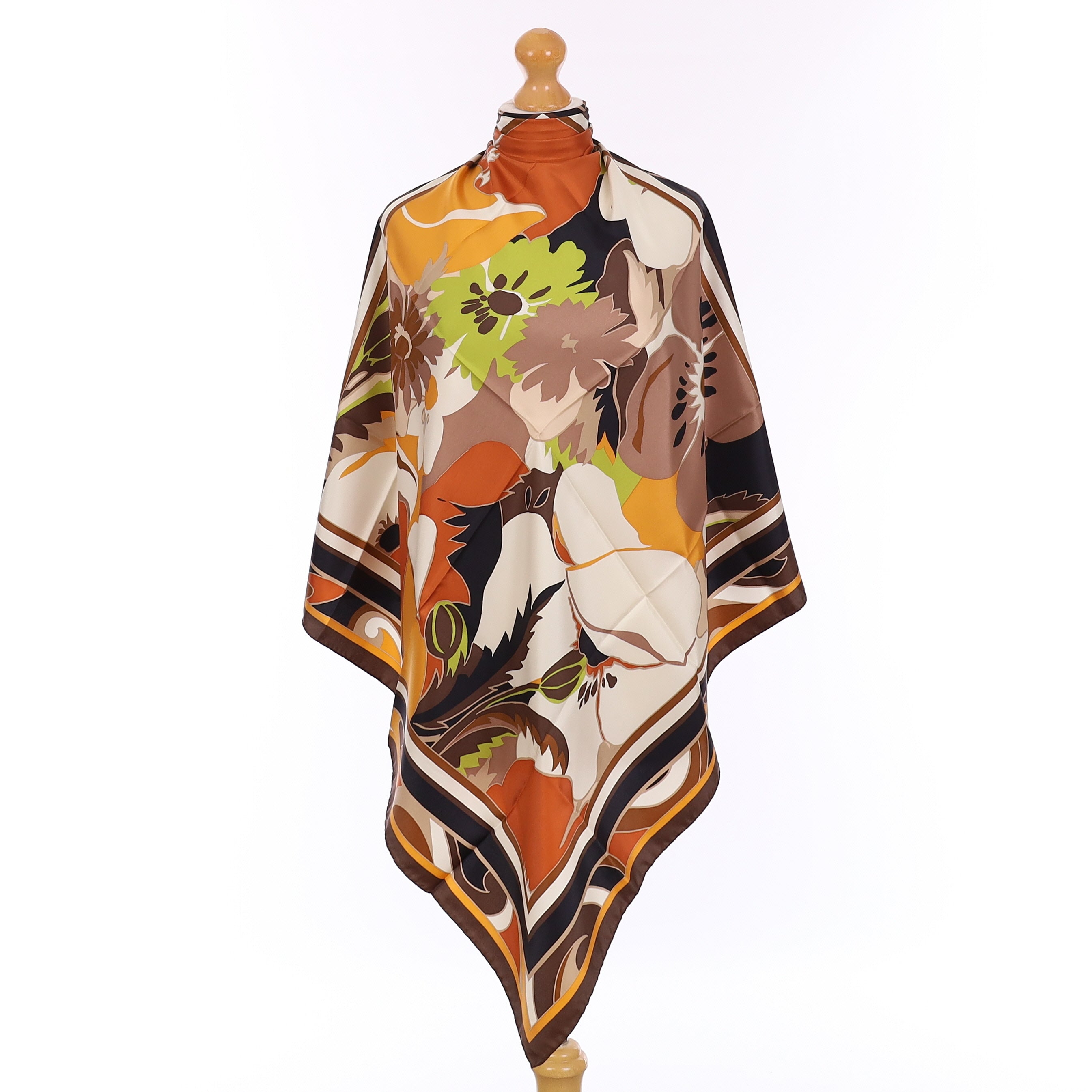 Pristine Brown Floral Vintage Silk Scarf
