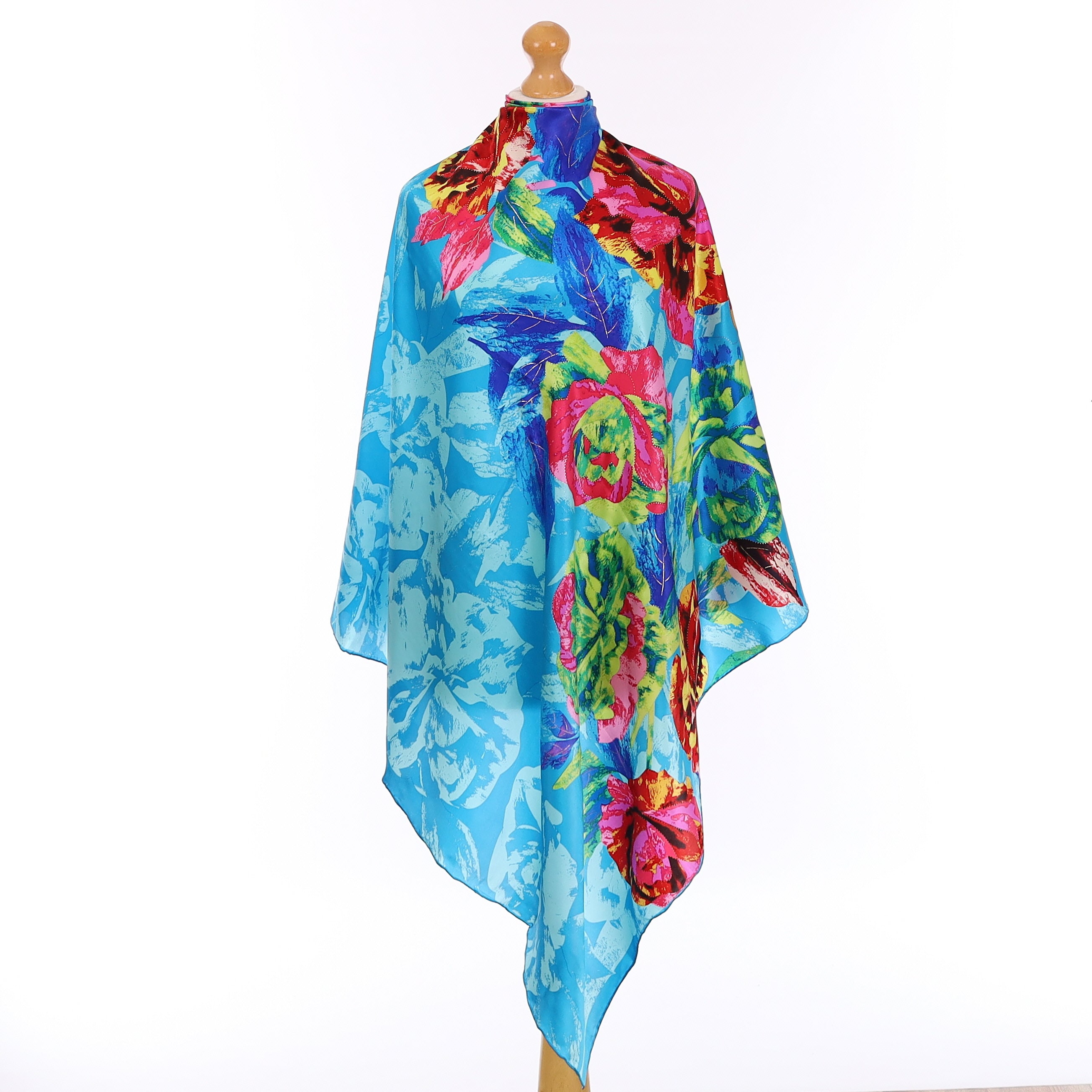 Brand New Mediterranean Blue Floral Silk Scarf