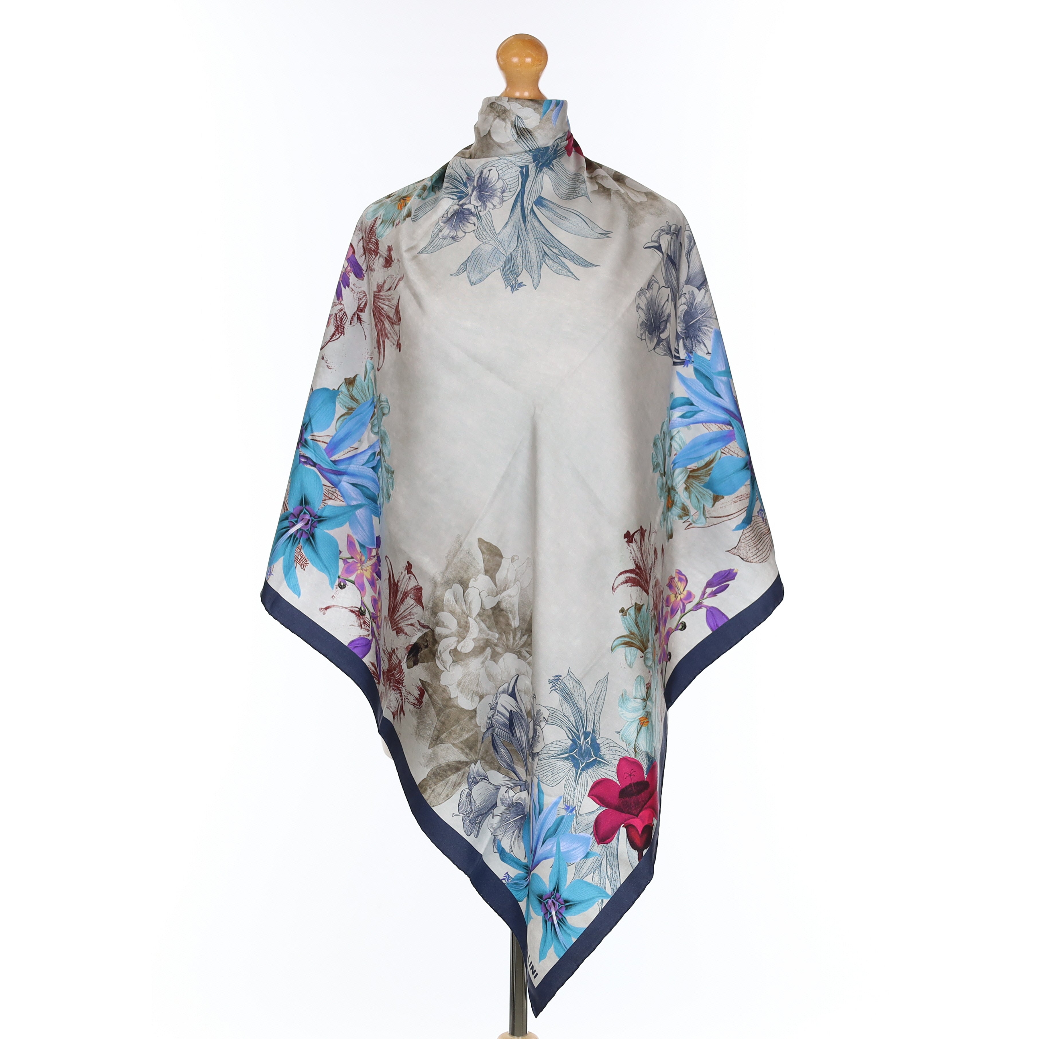 Pollini Grey and Blue Floral Silk Scarf