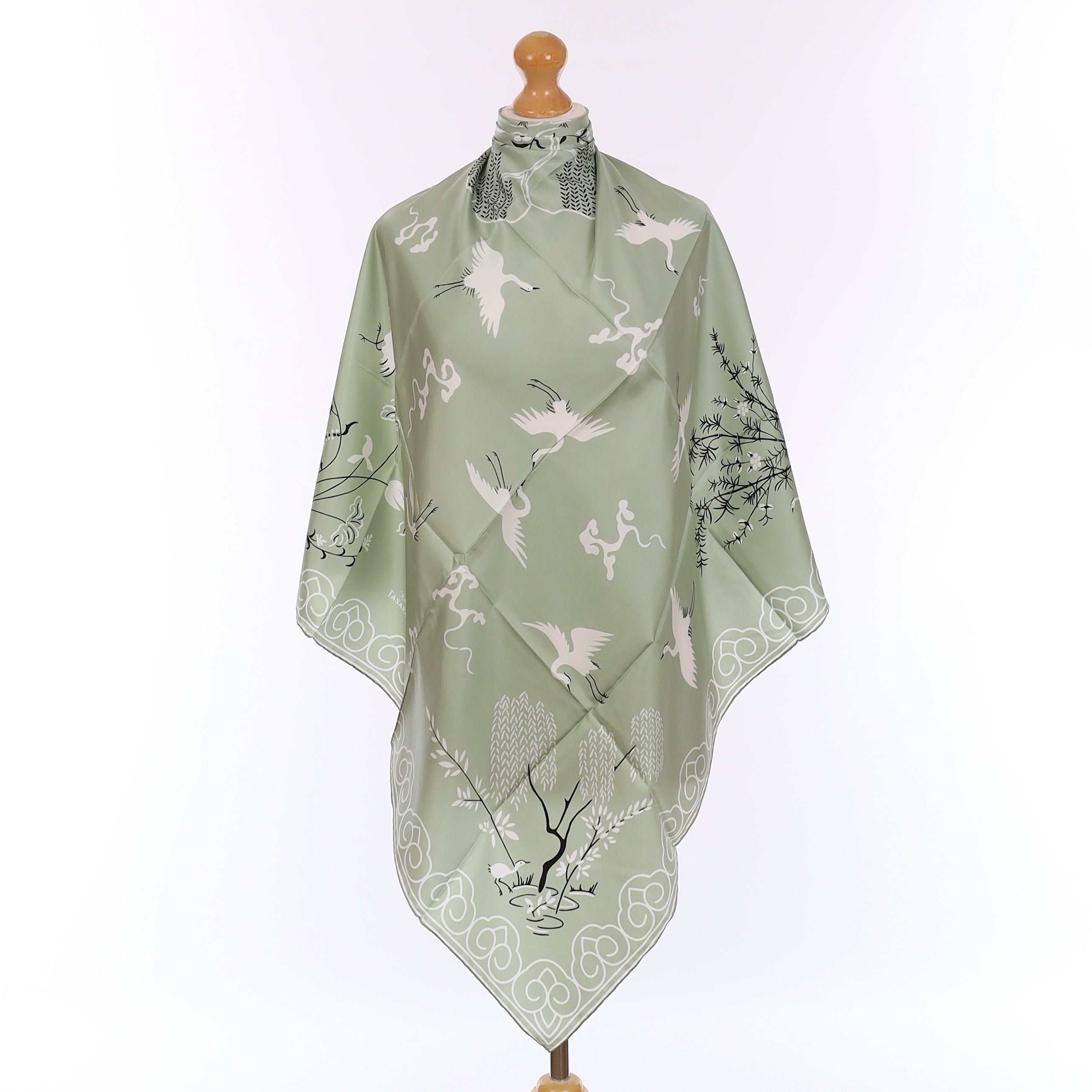 Brand New Hazy Green Bird Design Silk Scarf