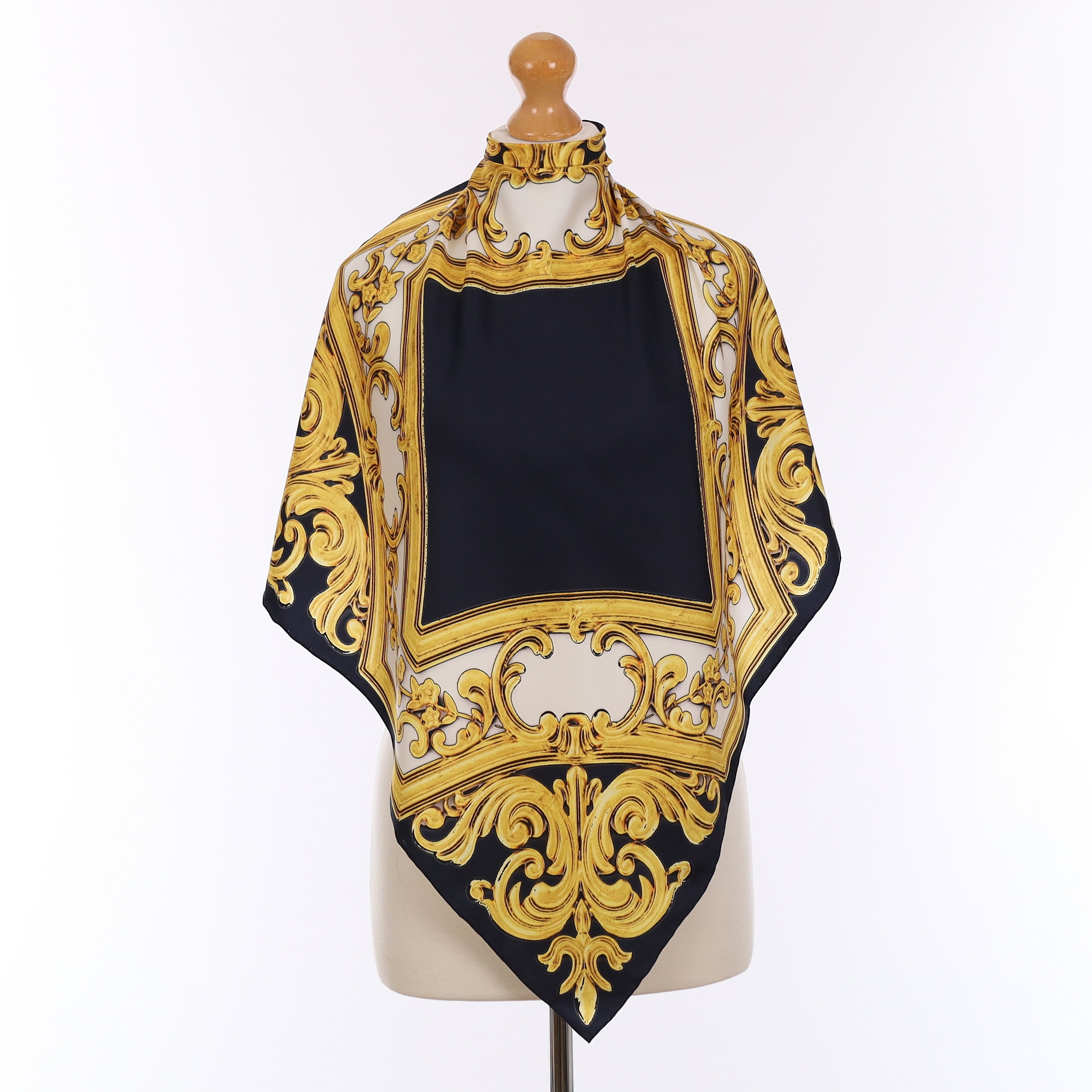 Pristine Black and Gold Baroque Vintage Silk Scarf