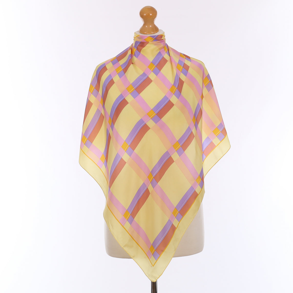 Pristine Echo Yellow and Pink Plaid Vintage Silk Scarf