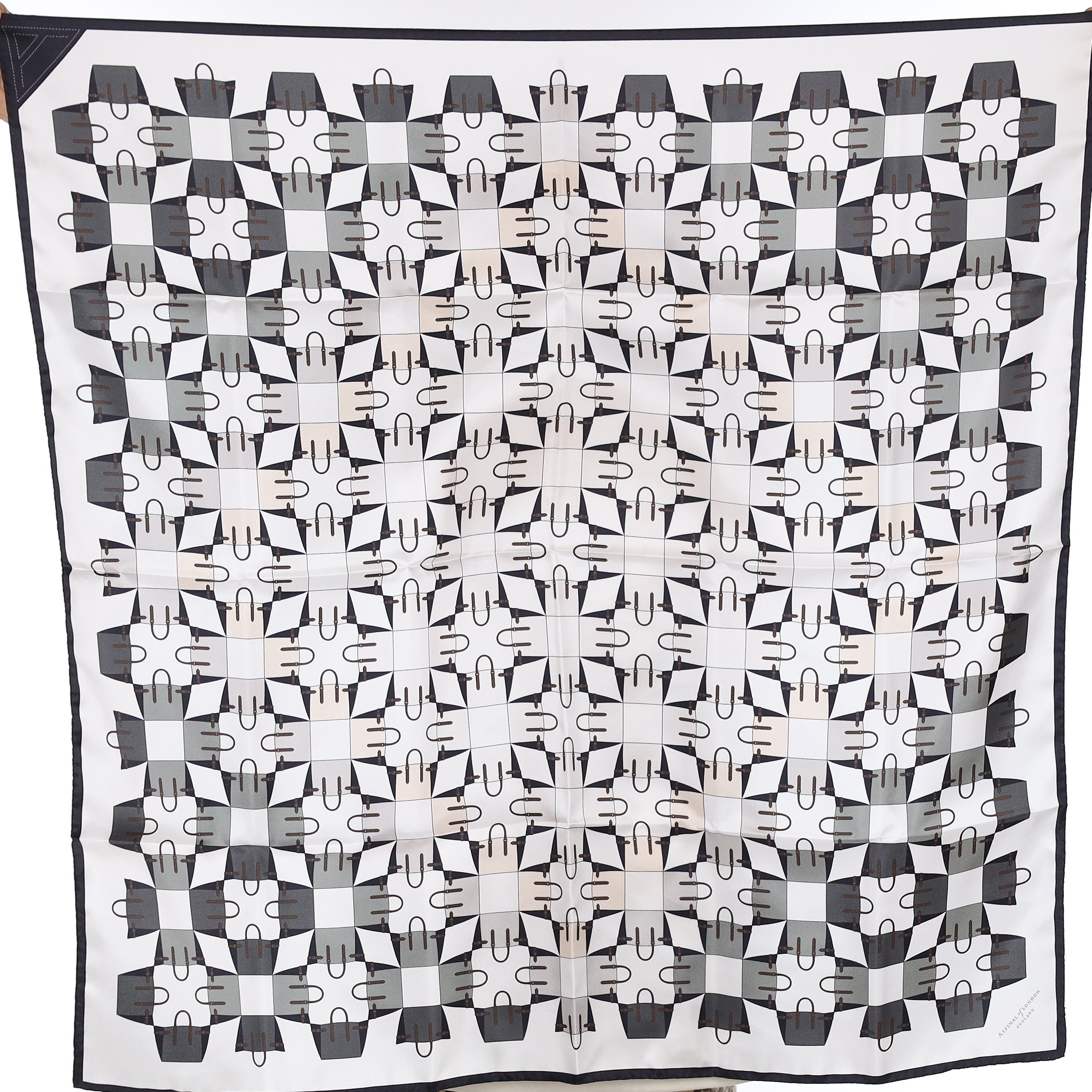 Brand New Boxed Aspinal Navy, Grey and White Silk Scarf