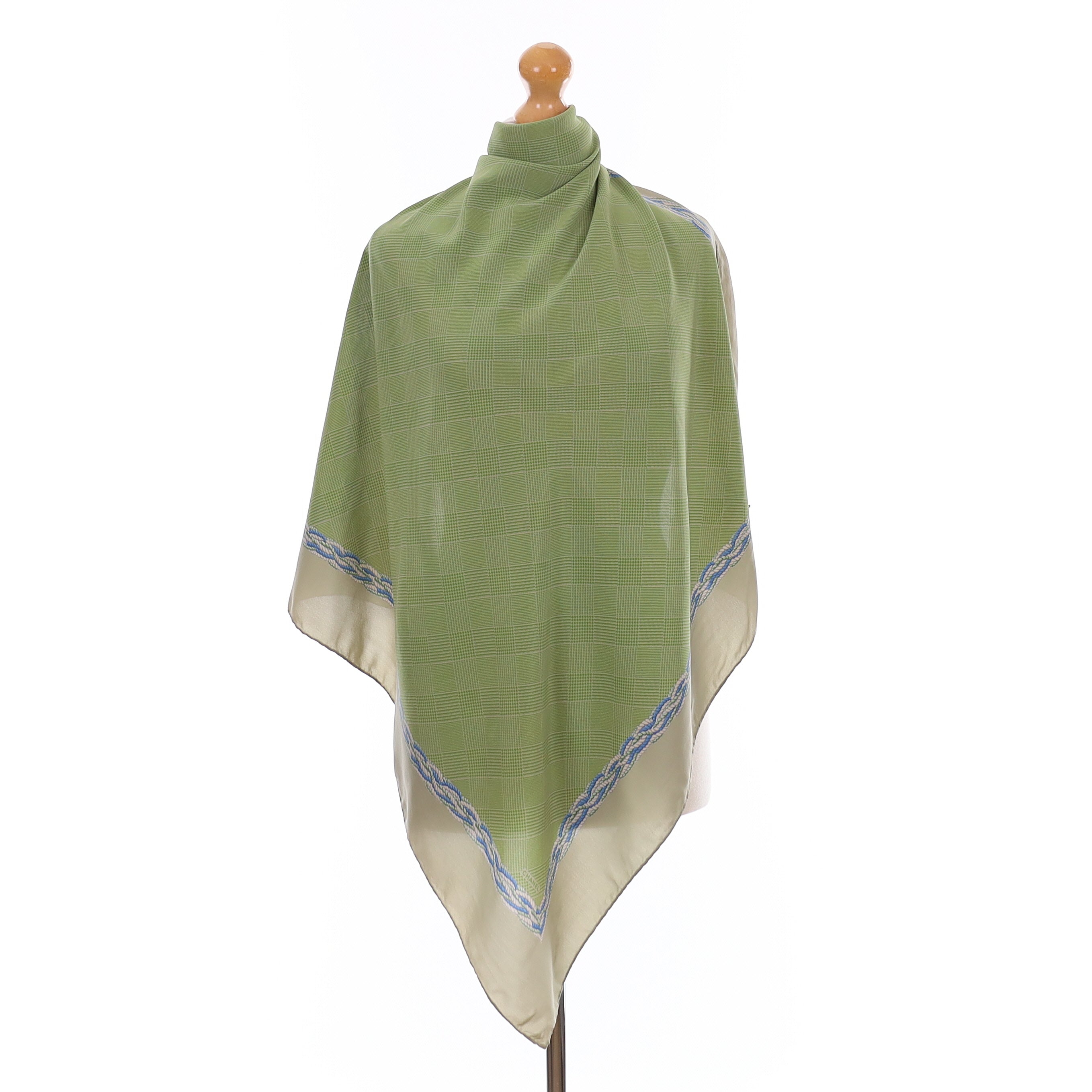 1980's Chanel Green Checked Vintage Silk Scarf