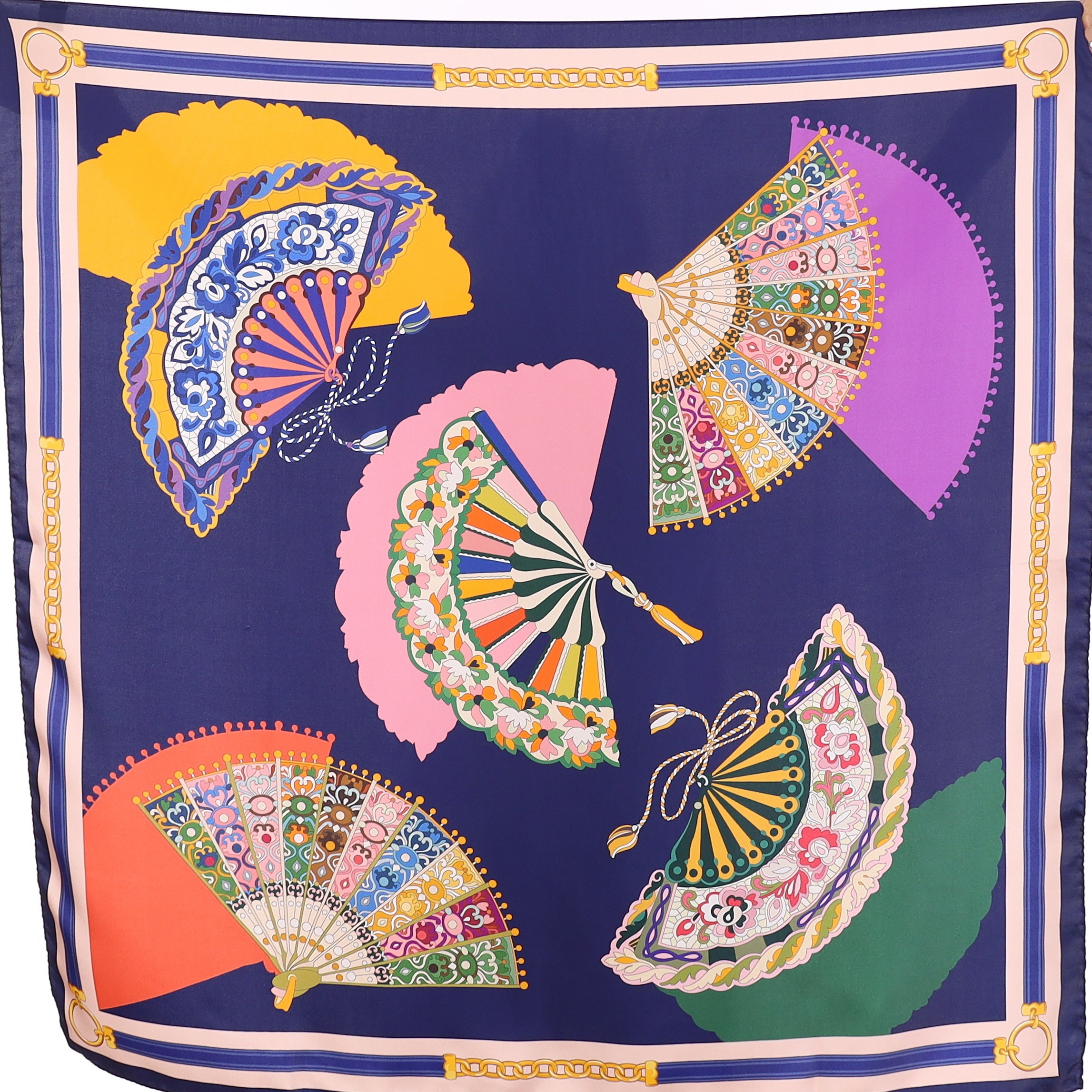 Brand New Italian French Navy Fan Design Silk Scarf