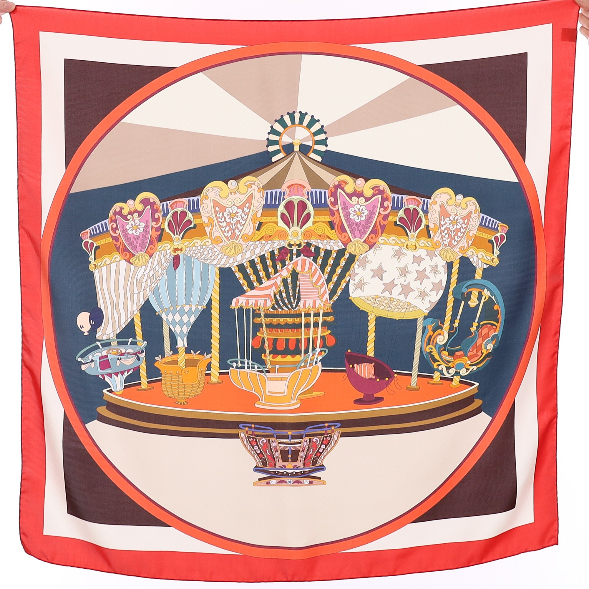 Brand New Italian Red Carousel Design Silk Scarf