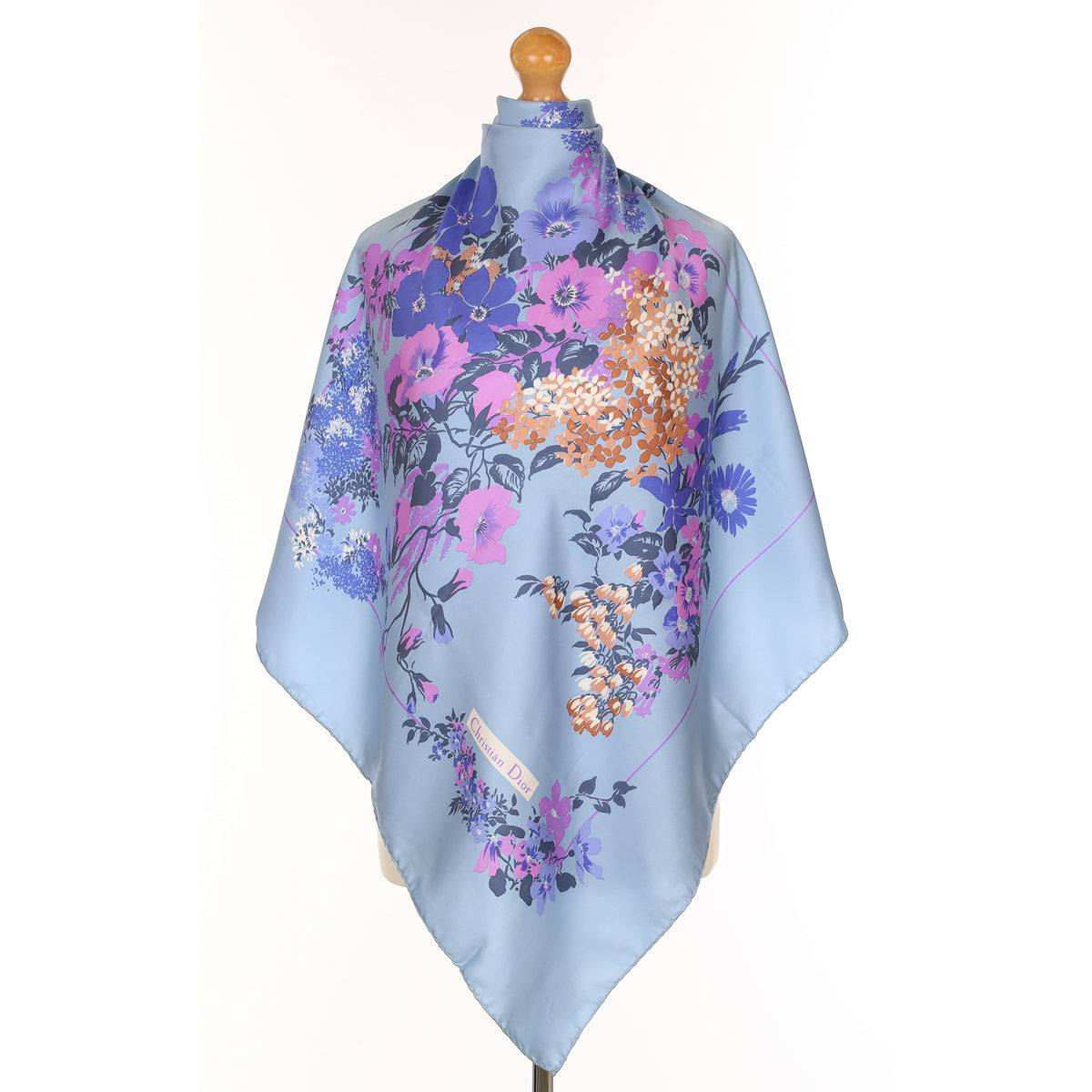 Christian Dior Blue and Pink Floral Designer Vintage Silk Scarf