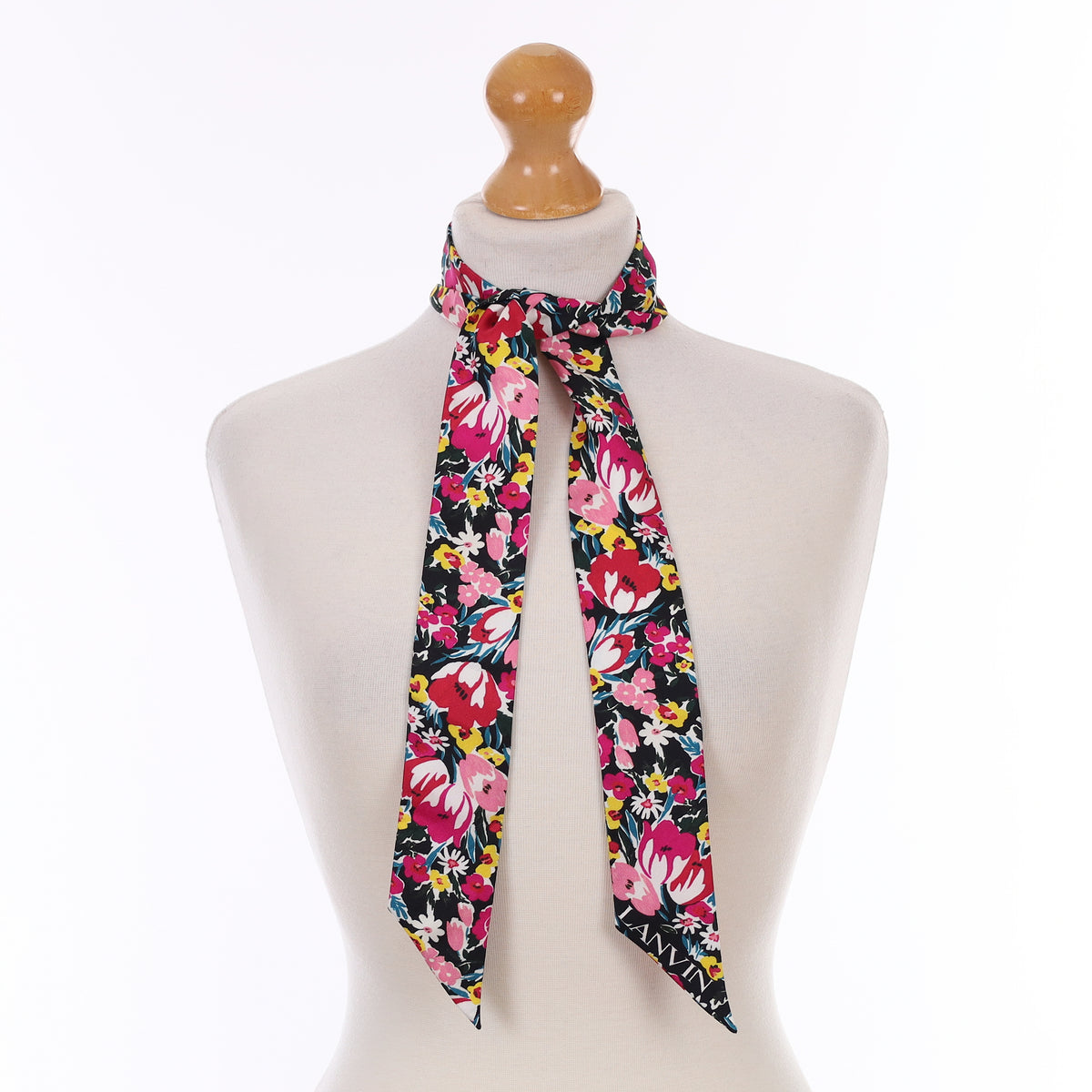 Brand New Lanvin Black and Pink Floral Silk Twilly