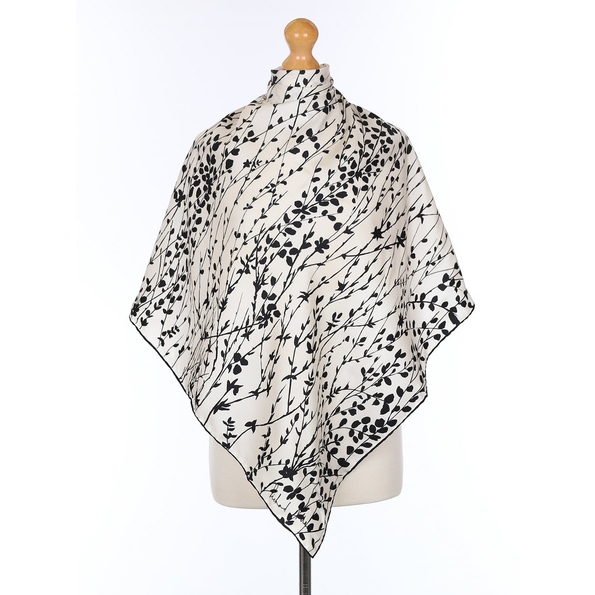 1970's Richard Allan Ivory and Black Floral Vintage Silk Scarf