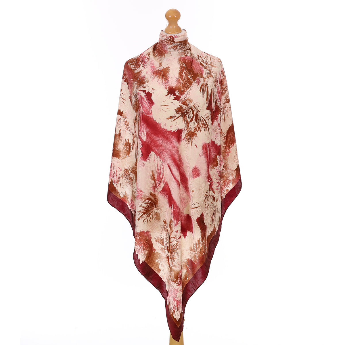 Pristine Burgundy Leaf Design Vintage Silk Scarf