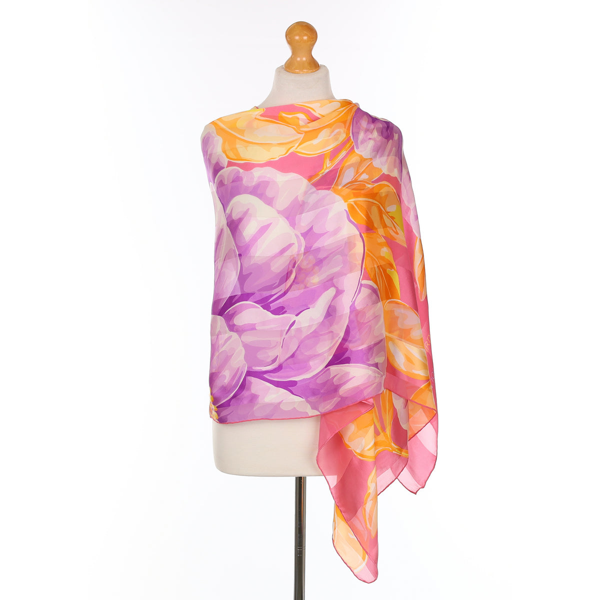 Lalique Pink, Purple and Orange Floral Vintage Silk Scarf