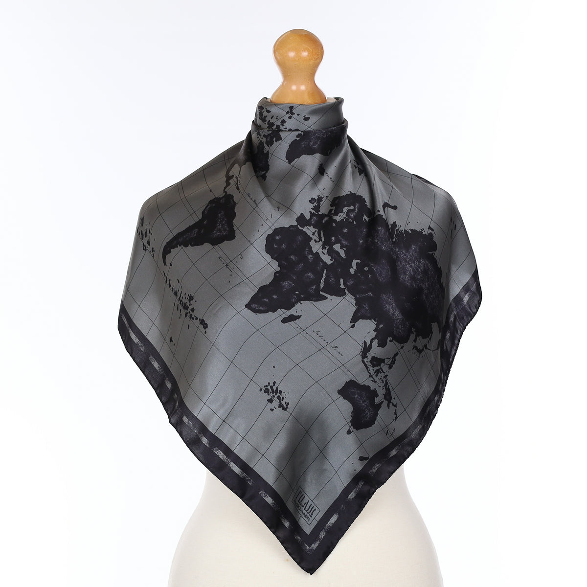 Pristine Grey and Black World Map Silk Scarf