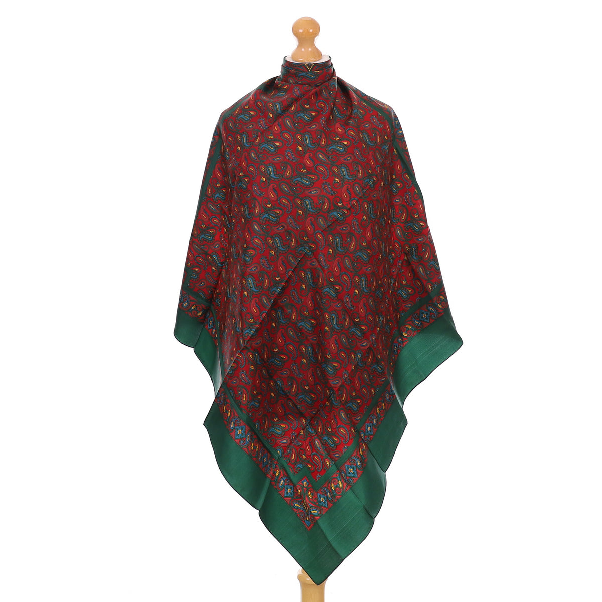 Bottle Green and Red Paisley Vintage Silk Scarf