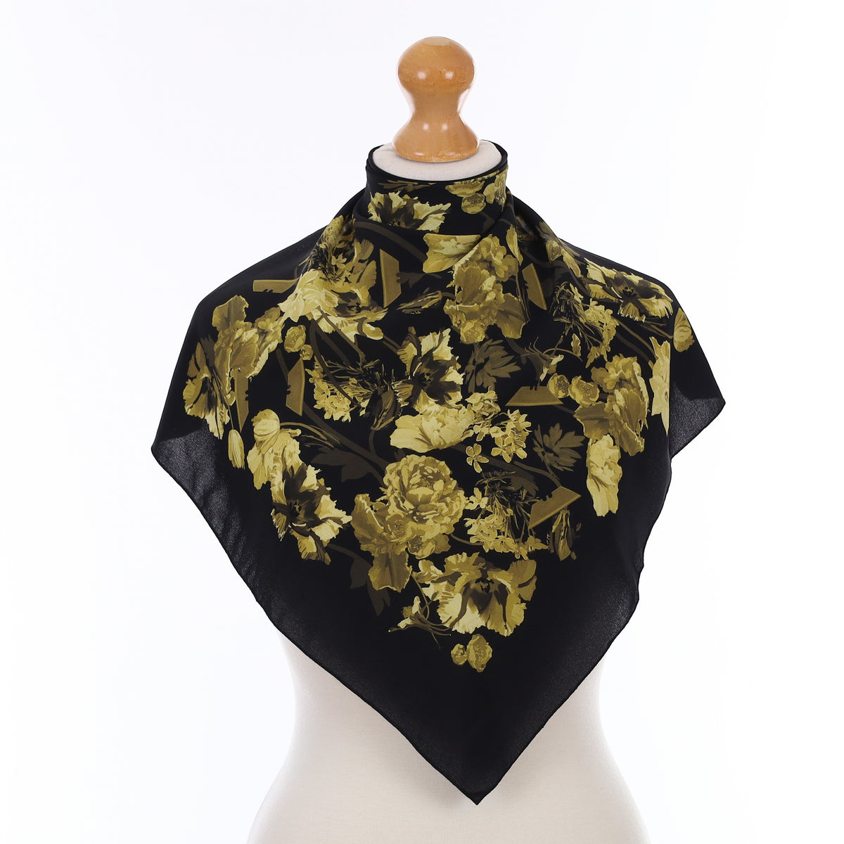 Pristine Khaki and Black Floral Vintage Silk Scarf