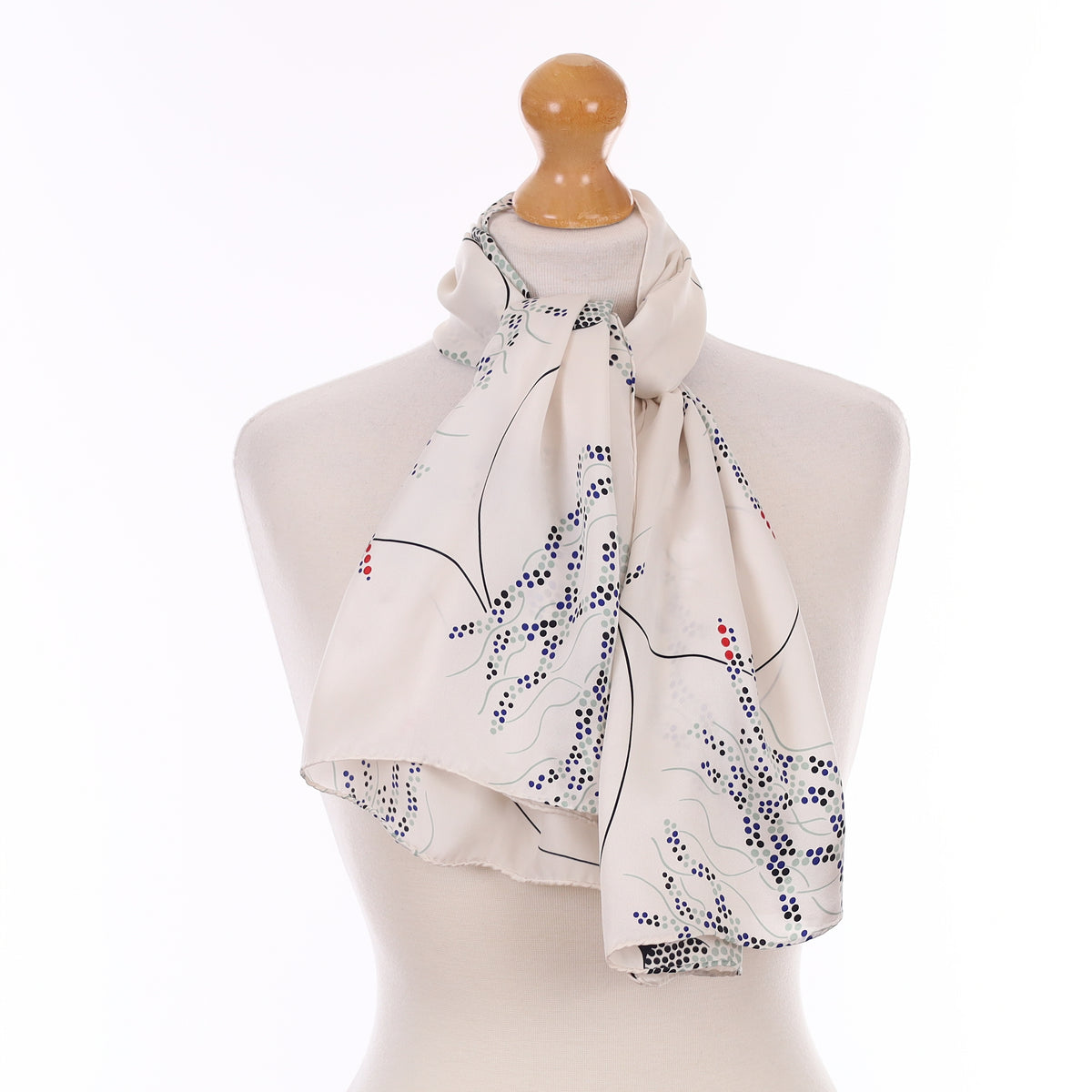 Pristine Ivory and Blue Dotty Vintage Silk Scarf
