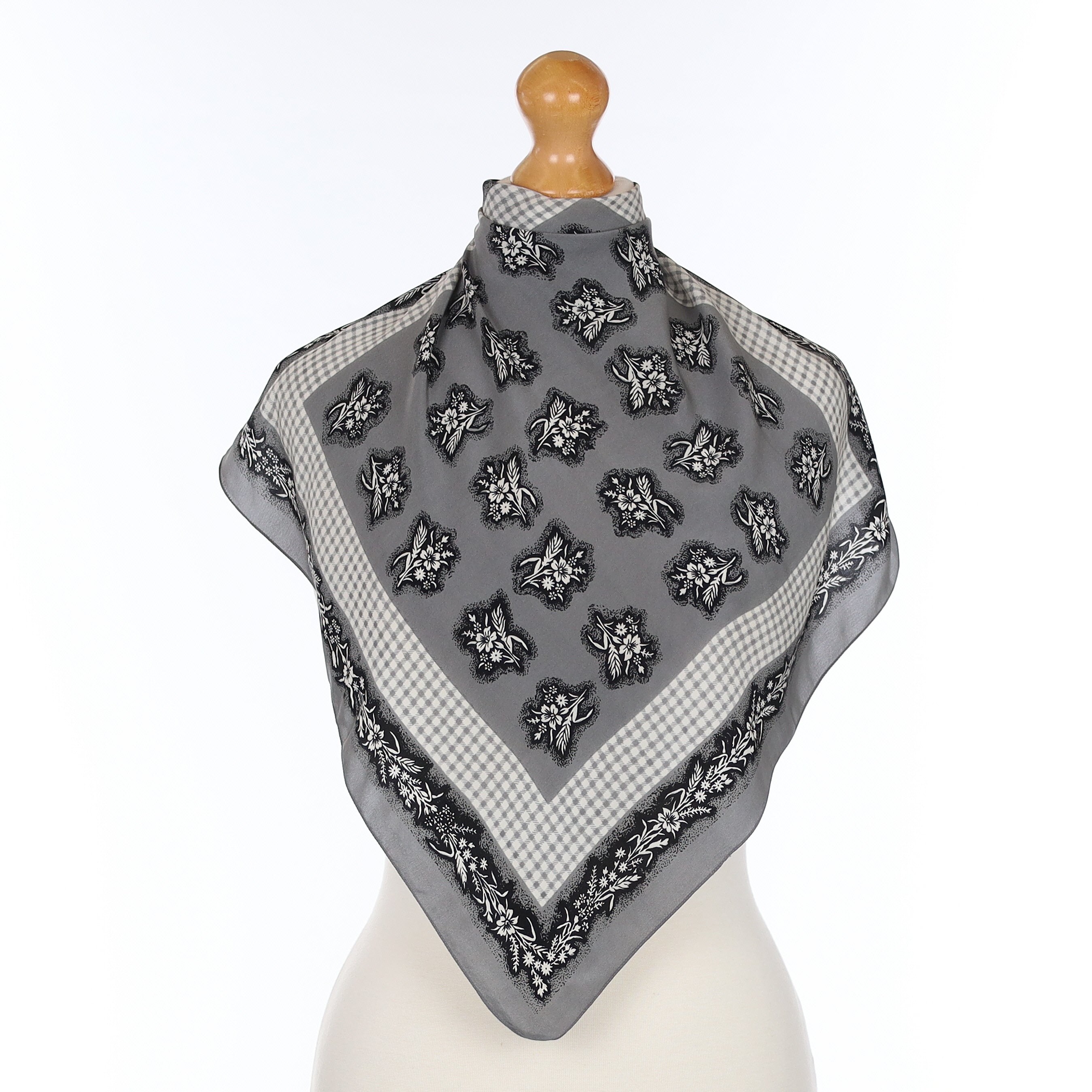 Pristine Grey Floral Vintage Silk Scarf