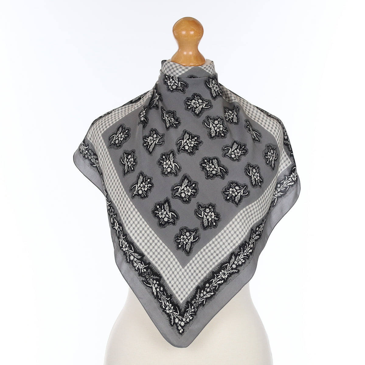 Pristine Grey Floral Vintage Silk Scarf