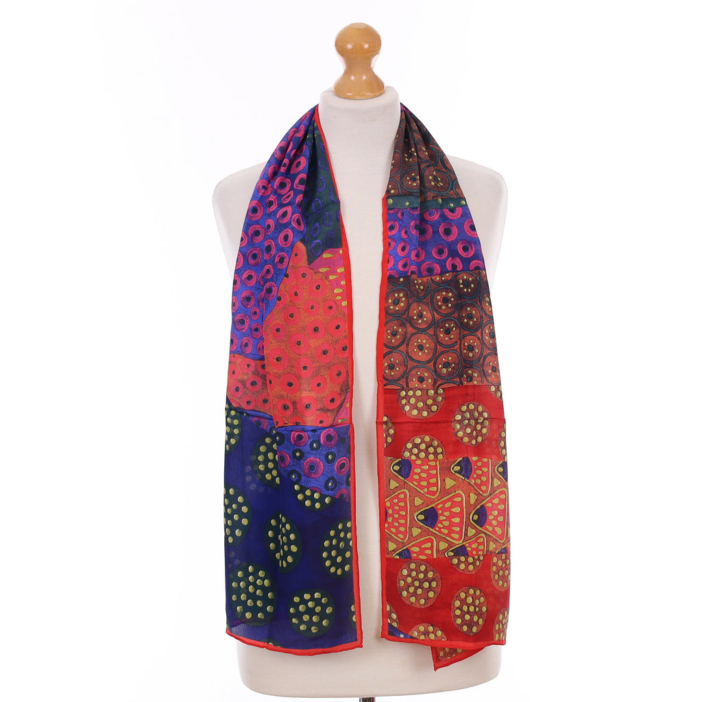 Fox & Chave Red and Blue Patterned Silk Scarf