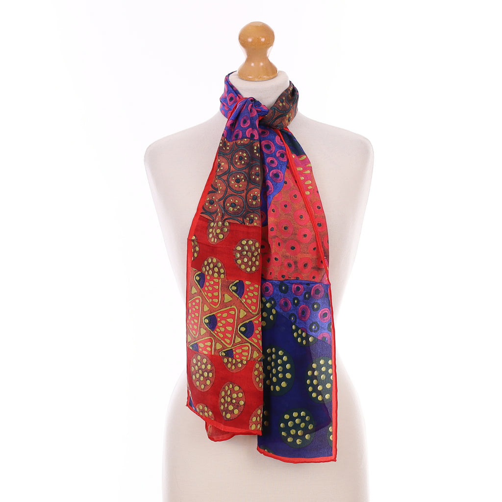 Fox & Chave Red and Blue Patterned Silk Scarf