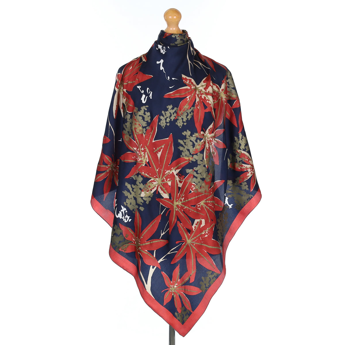 Pristine Beckford Silk Navy and Brick Red Floral Silk Scarf