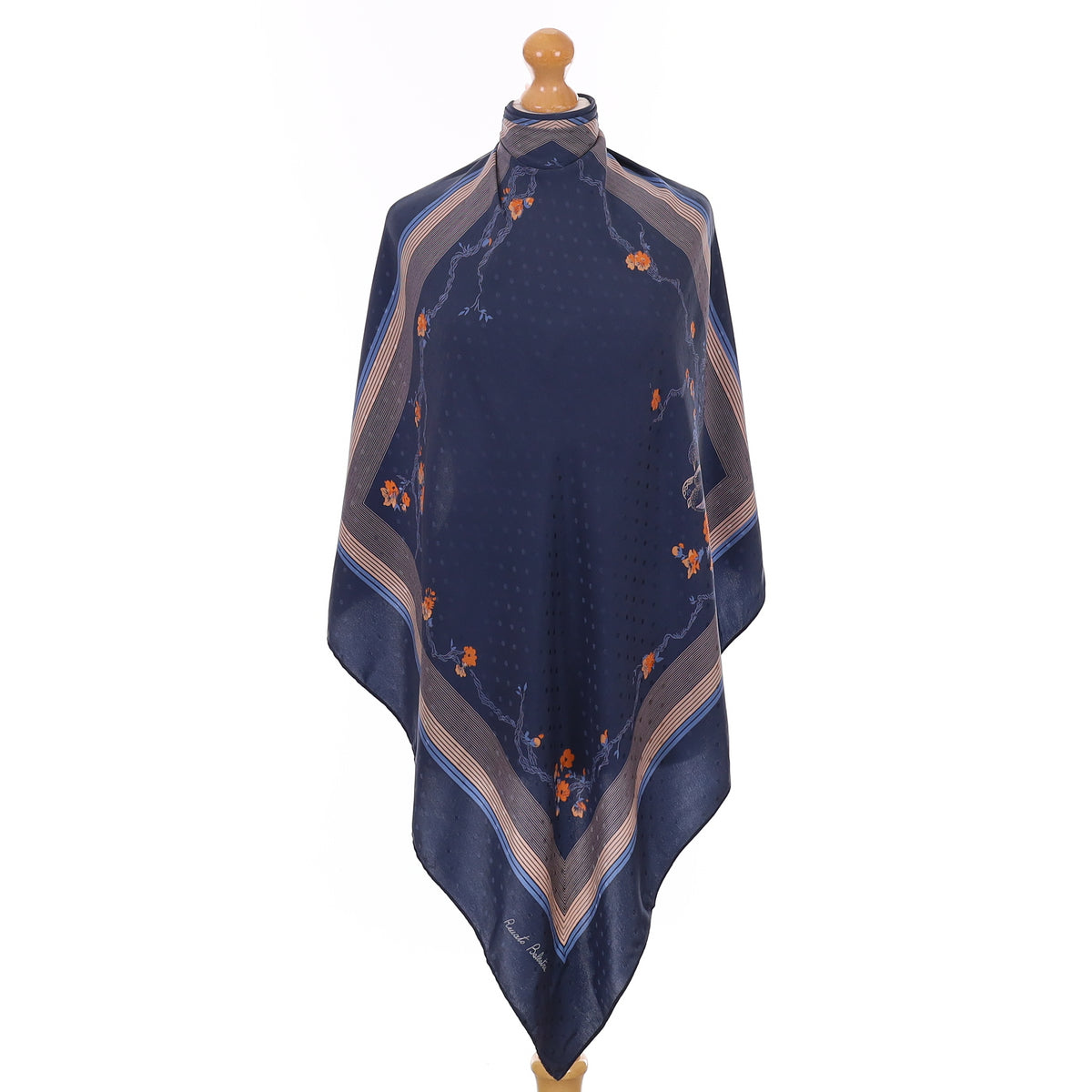 Pristine Navy and Orange Floral Vintage Silk Scarf
