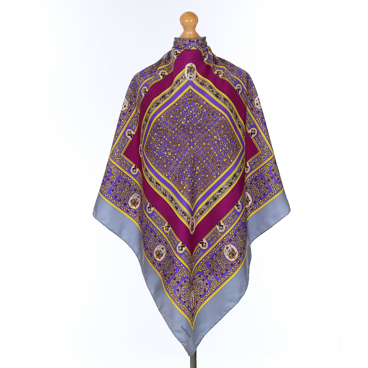 Emilio Carducci Purple and Grey Baroque Vintage Silk Scarf