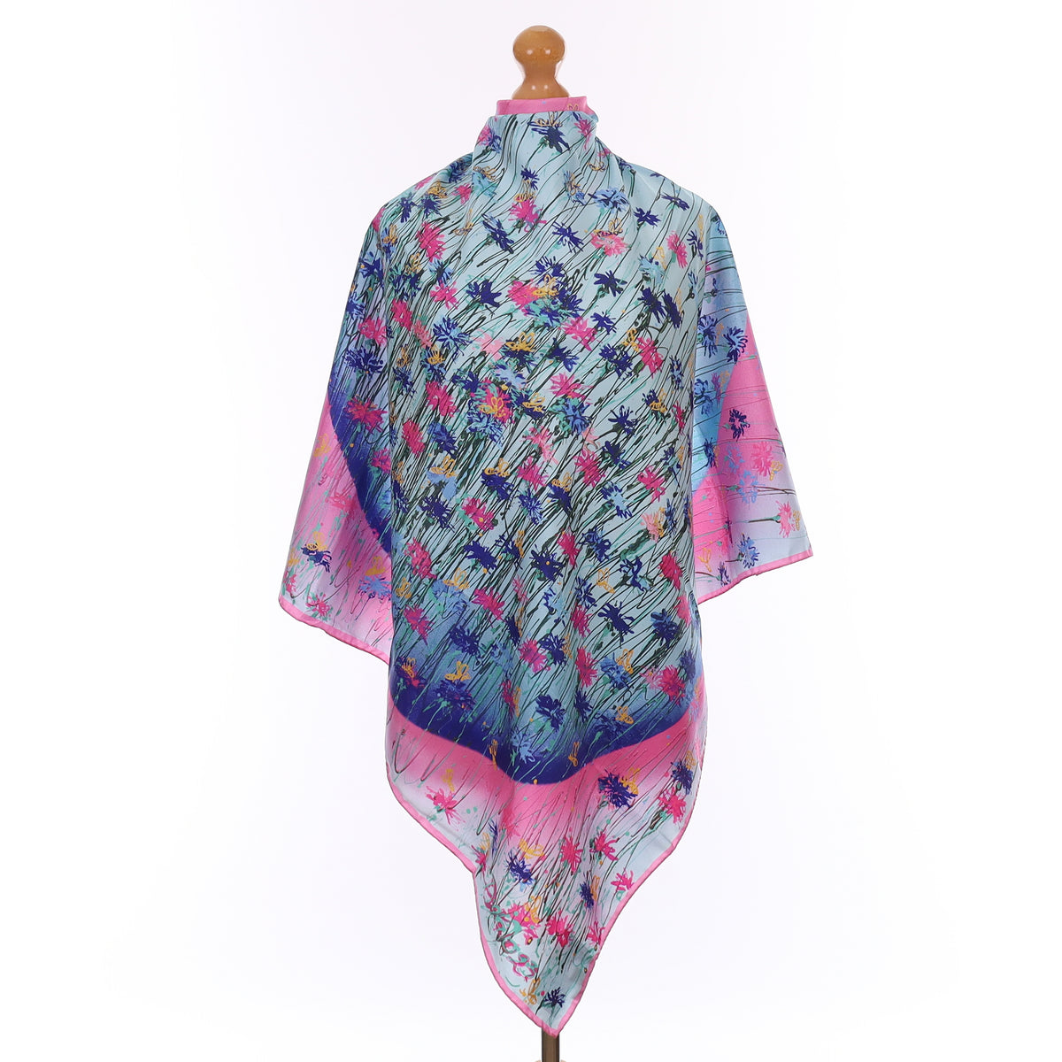 Brand New Boxed Aspinal Blue and Pink Floral Silk Scarf