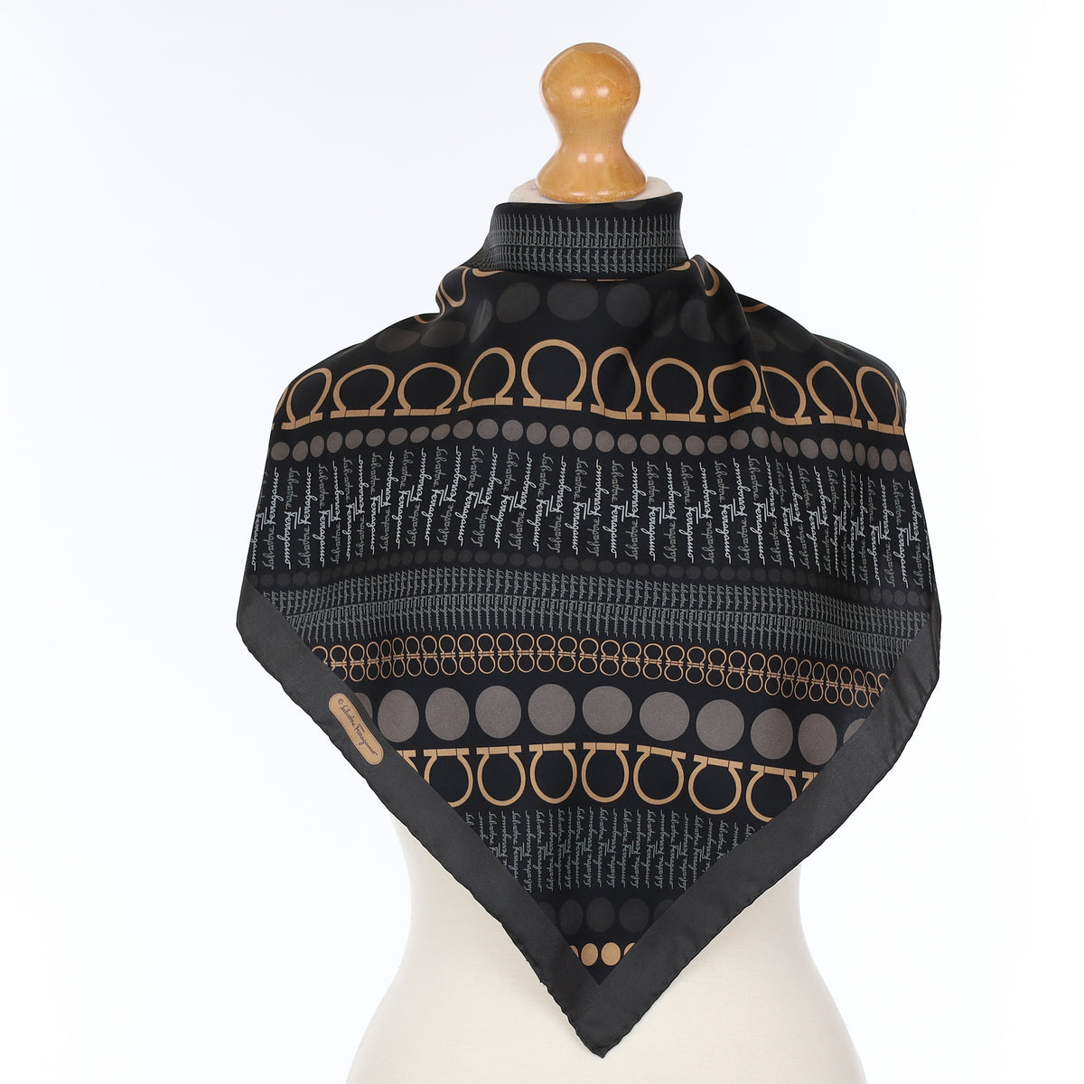 Salvatore Ferragamo Black Patterned Vintage Silk Scarf