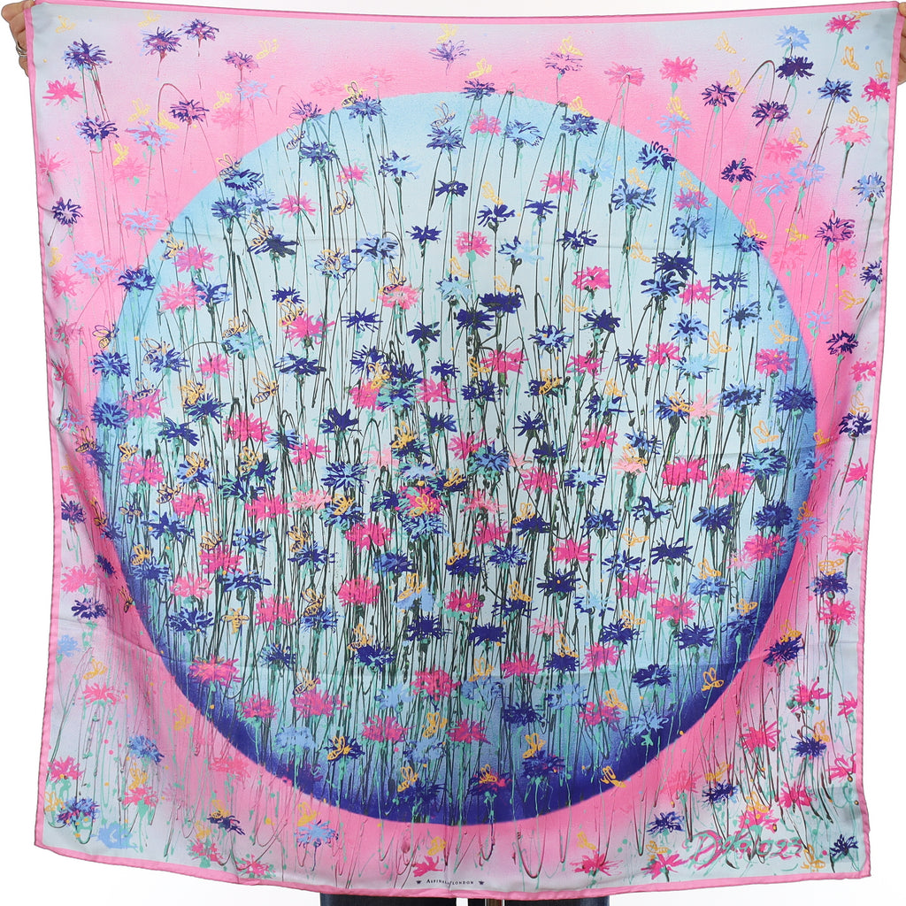 Brand New Boxed Aspinal Blue and Pink Floral Silk Scarf