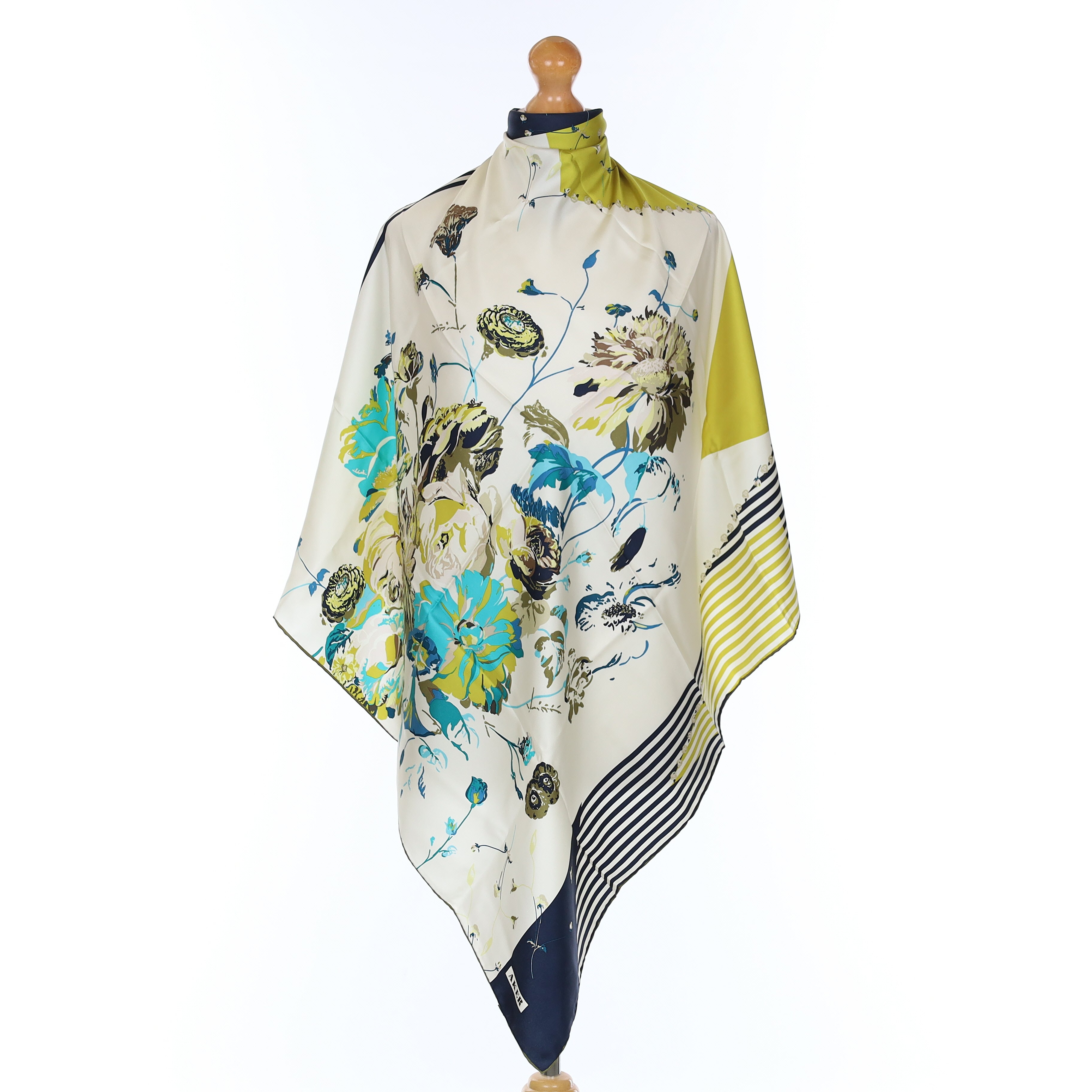 Pristine Aqua and Chartreuse Floral Silk Scarf