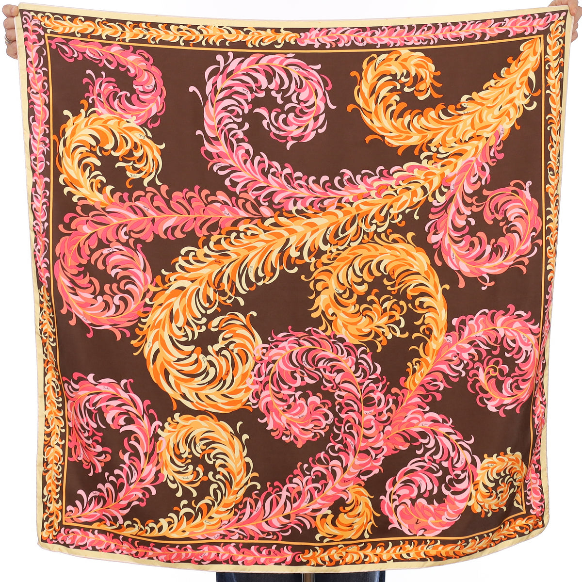 Emilio Pucci Pink and Orange Feathers Vintage Silk Scarf