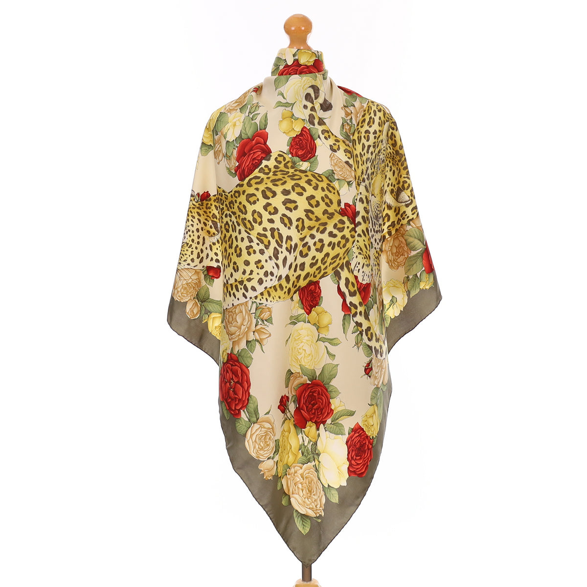Salvatore Ferragamo Leopards and Roses Vintage Silk Scarf