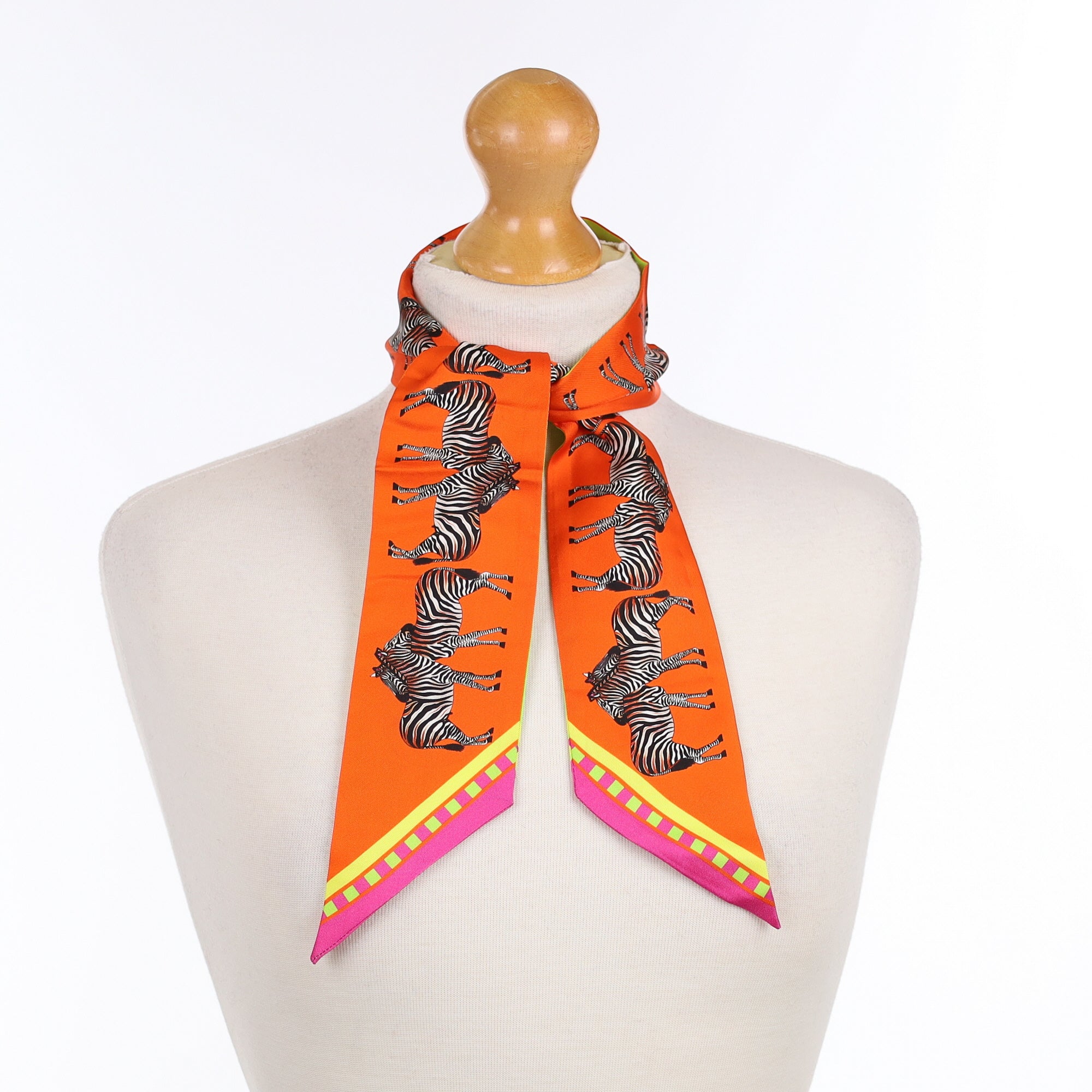 Brand New Bellezza Orange & Lime Zebra Tropical Double Faced Silk Twilly