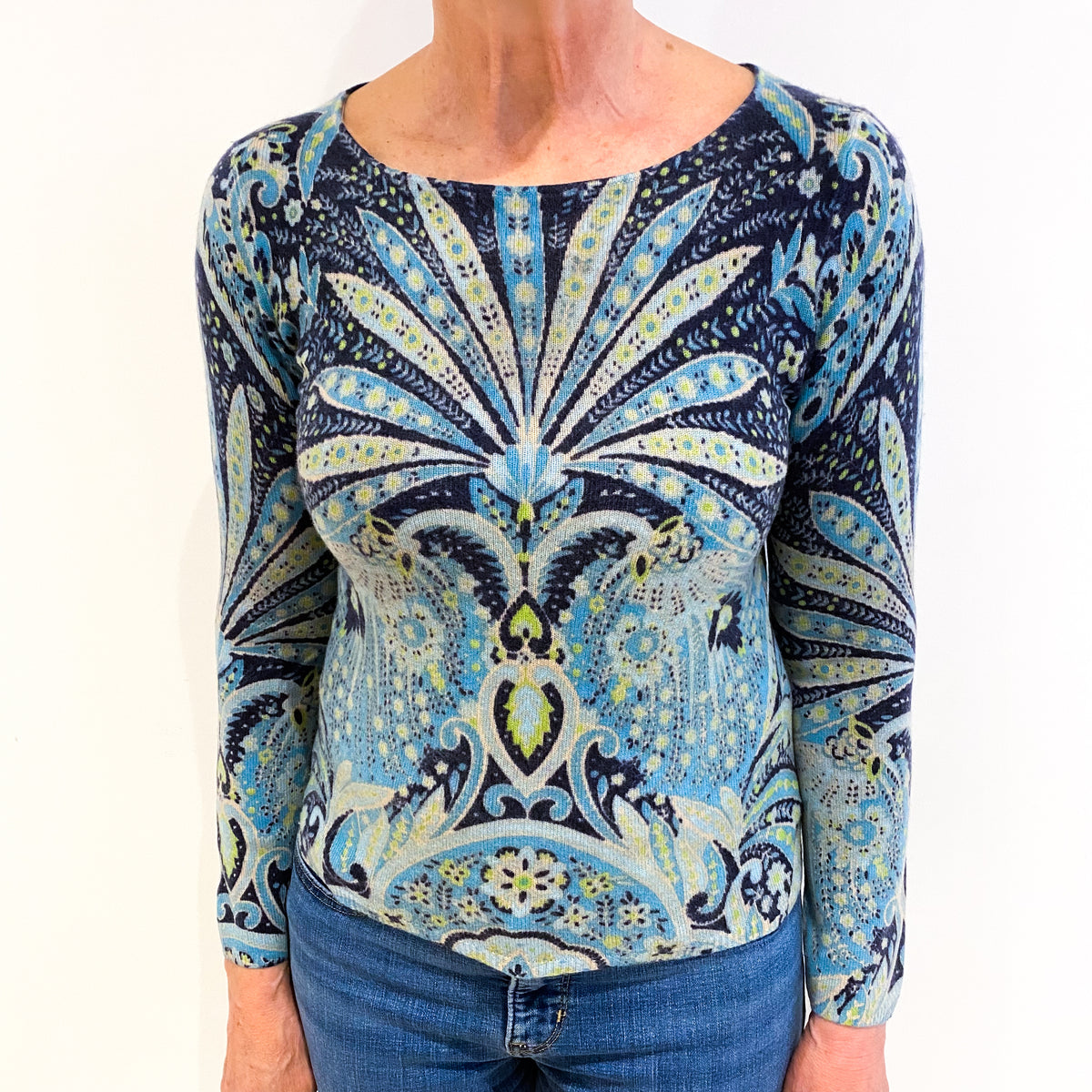 Blue Patterned Cashmere Crew Neck Jumper Medium
