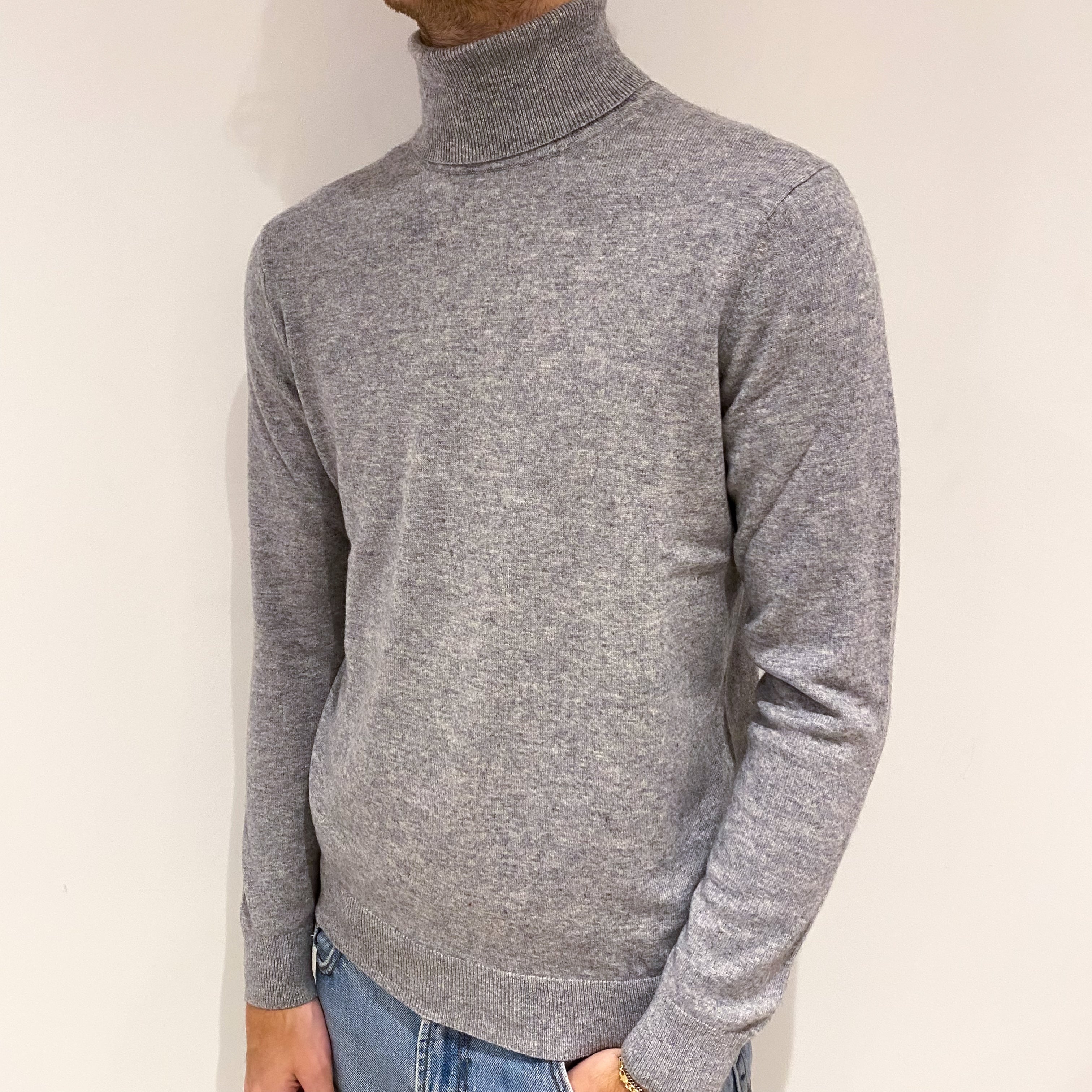 Men's Grey Cashmere Polo Neck Jumper Large