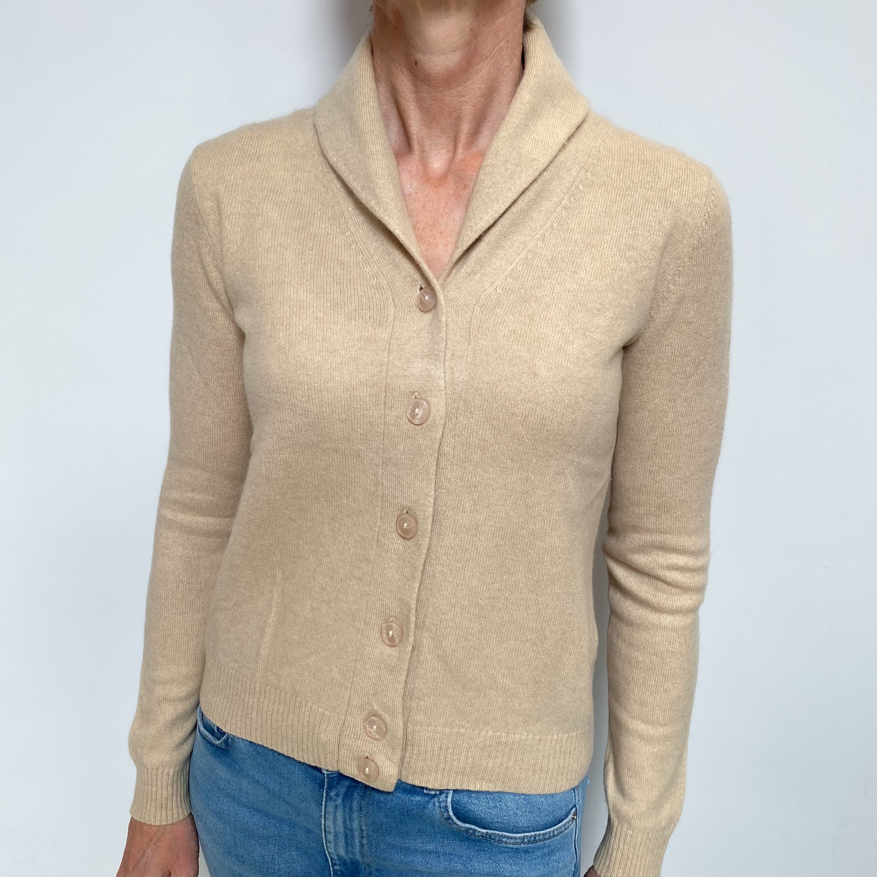 Sand Beige Cashmere Shawl Collar Cardigan Small