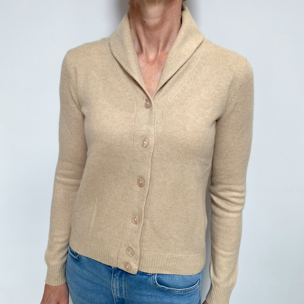 Sand Beige Cashmere Shawl Collar Cardigan Small