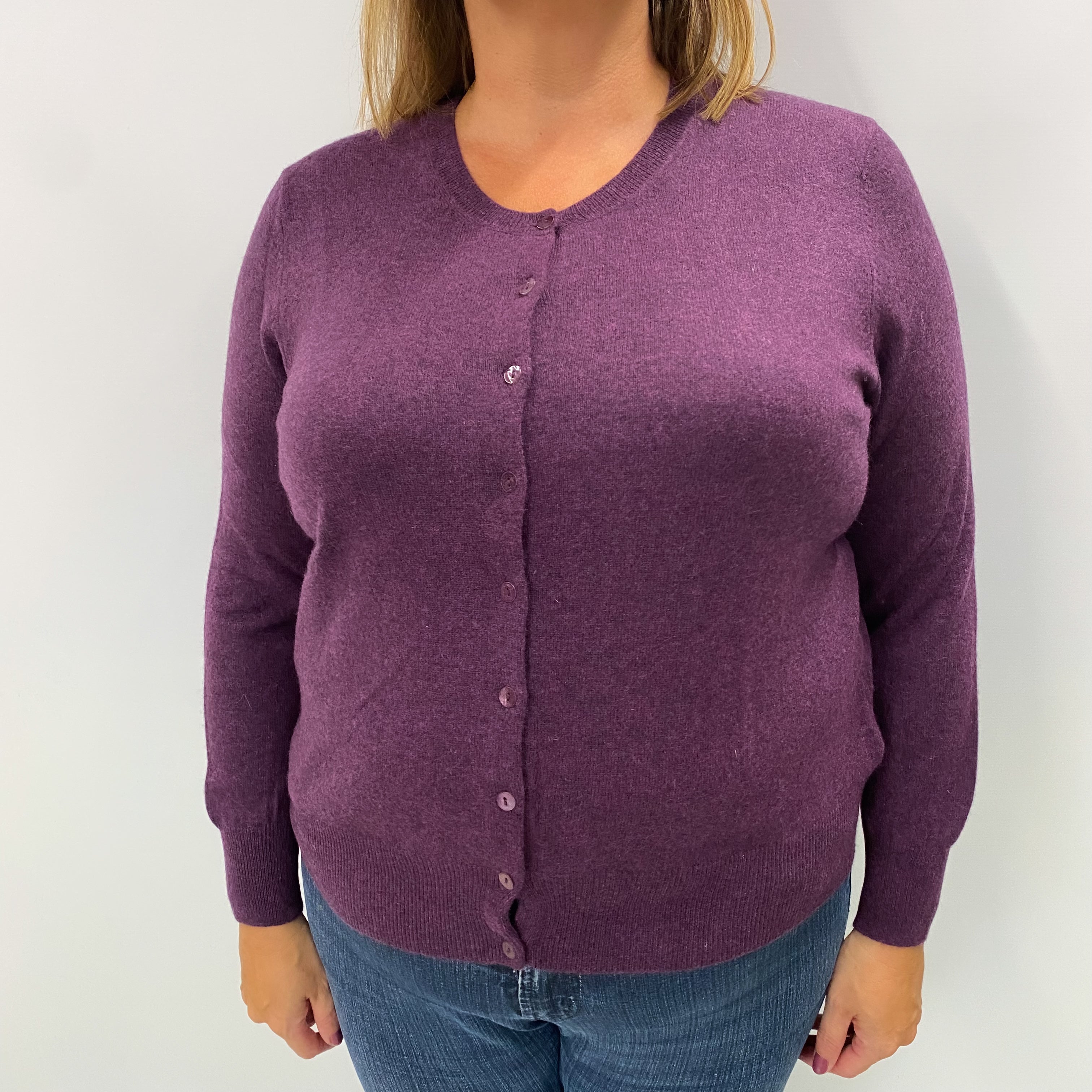 Plum Purple Marl Cashmere Crew Neck Cardigan Extra Large