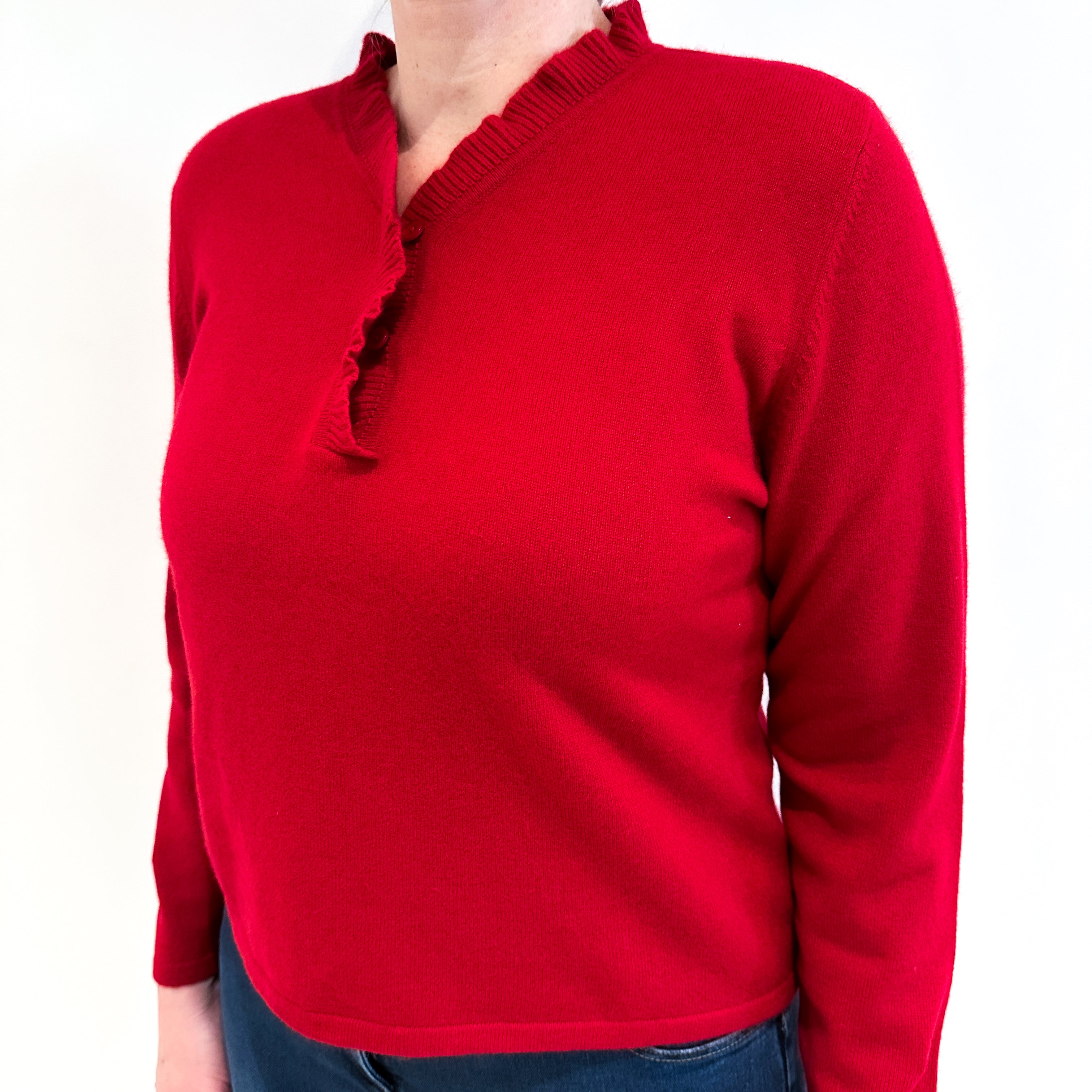 Ruby Red Cashmere Frill Trimmed V Neck Jumper Large