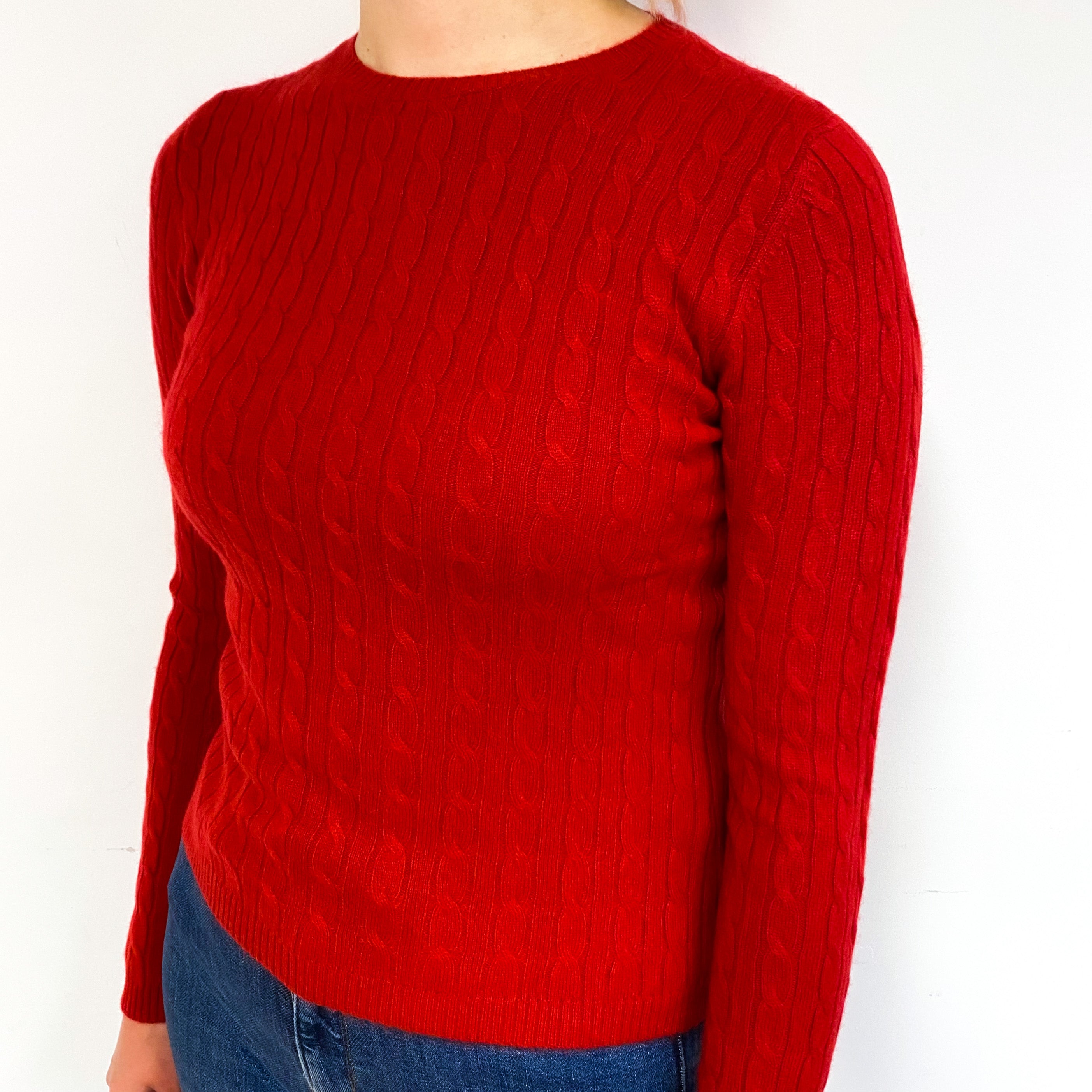 Scarlet Red Cable Cashmere Crew Neck Jumper Small/Petite