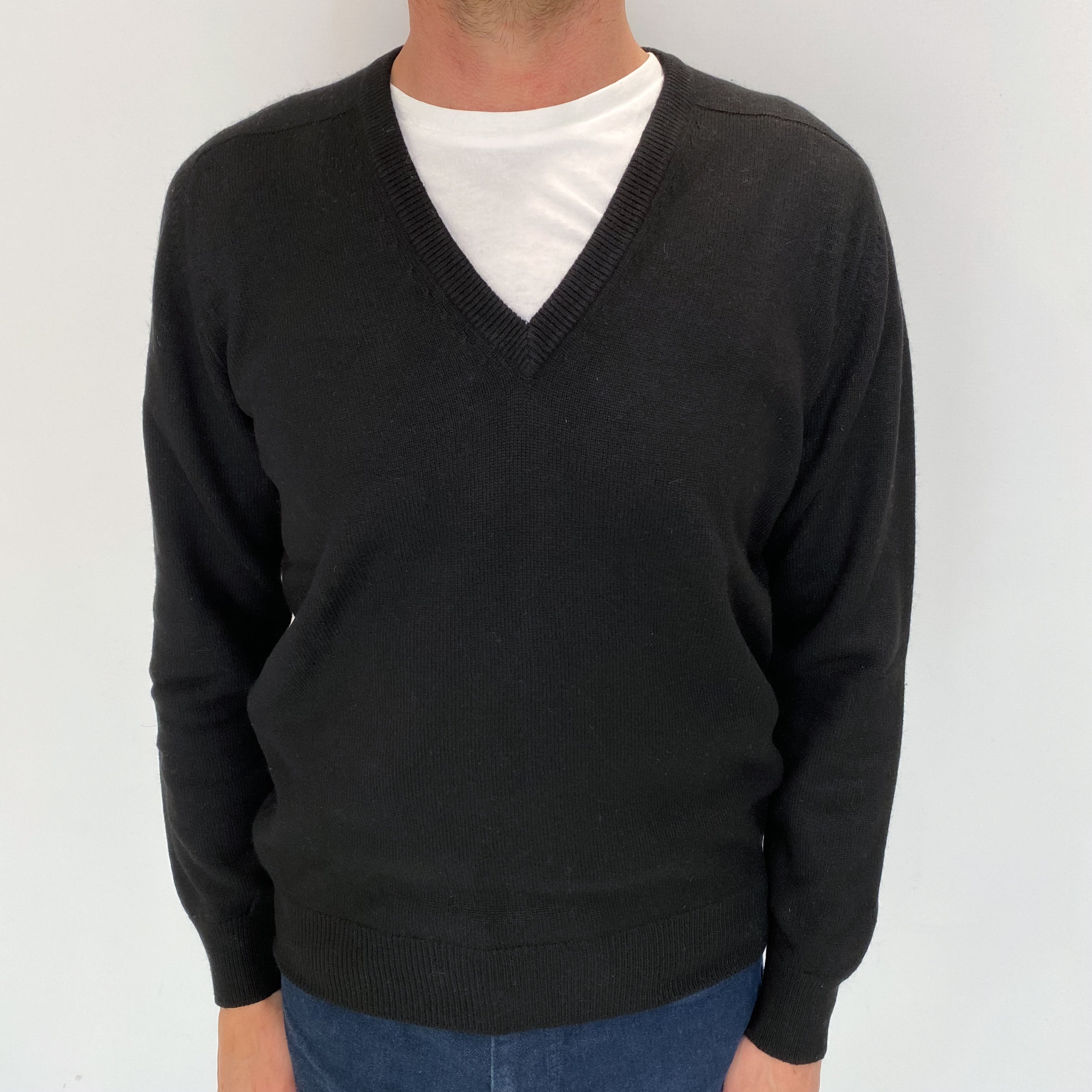 Men's Vintage Pringle Black Cashmere V Neck Jumper Small