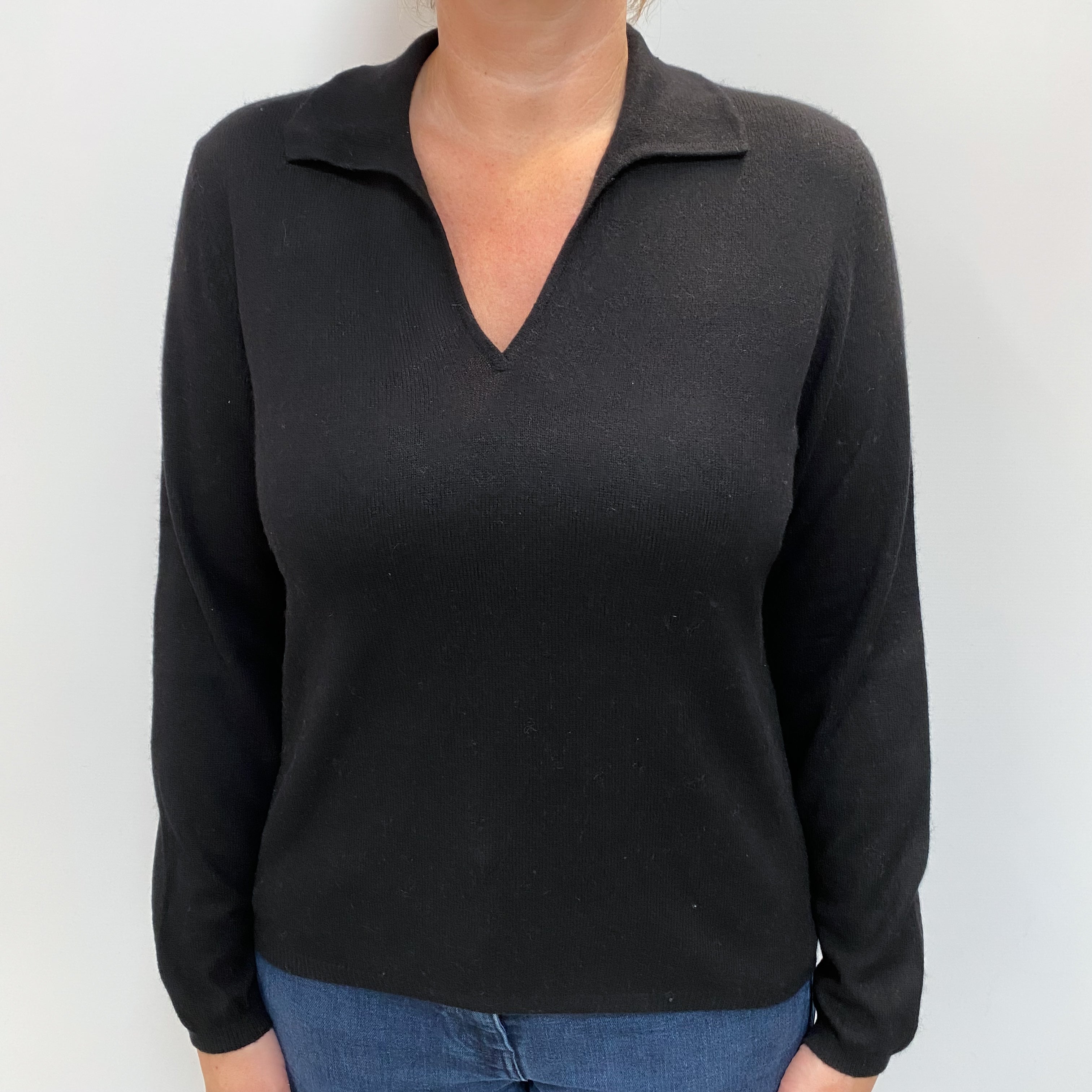 Black Cashmere Collared V Neck Jumper Large