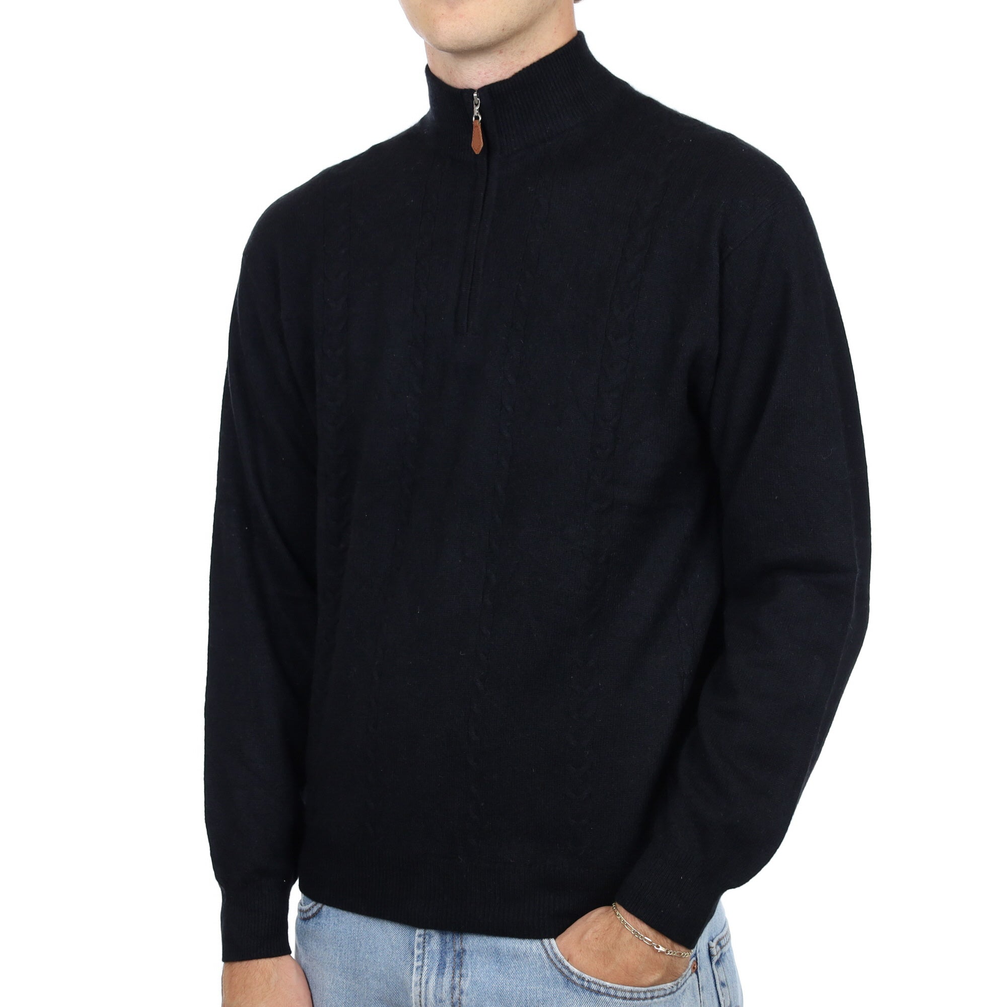 Men's Black Cashmere 1/4 Zip Neck Jumper Medium