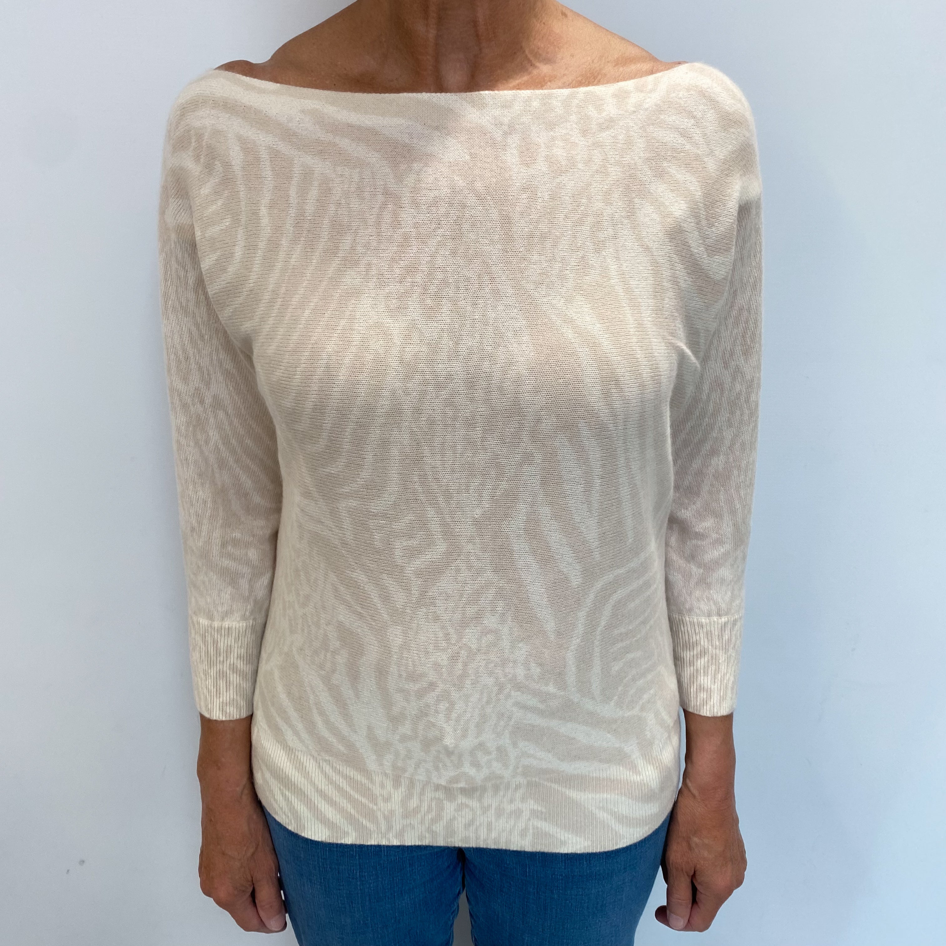 Vanilla Cream Animal Print Cashmere Slash Neck Jumper Medium