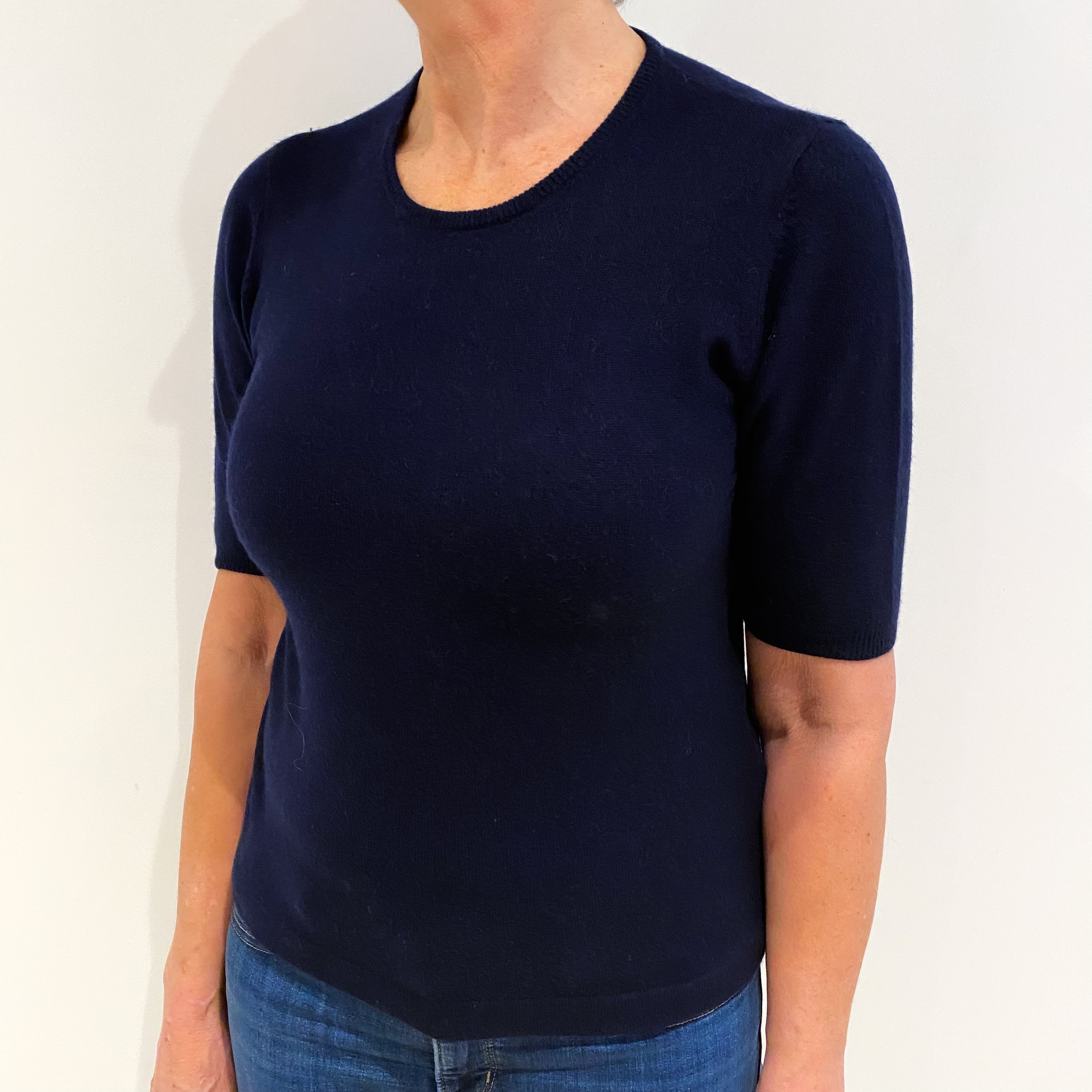 Navy Blue Cashmere Crew Neck Short Sleeved Jumper Medium