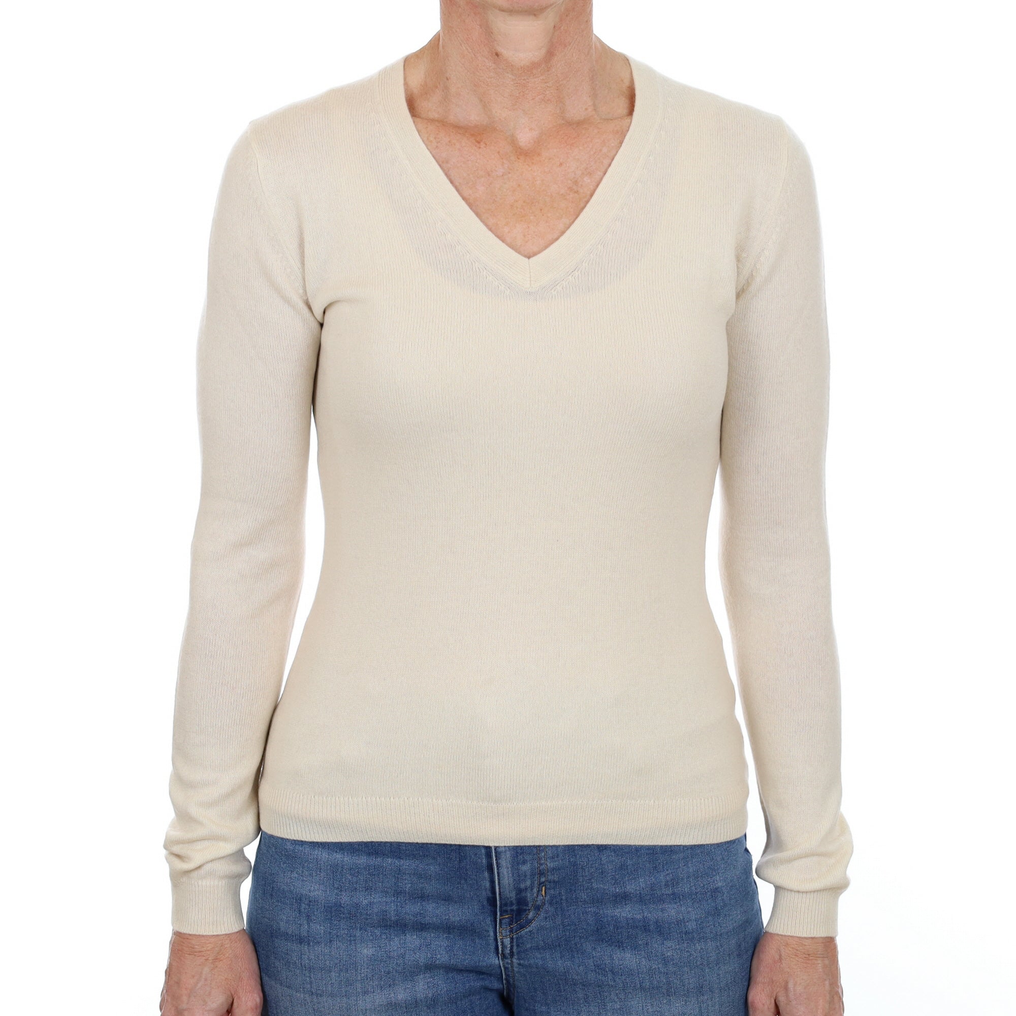 Vanilla Cream Cashmere V Neck Jumper Small
