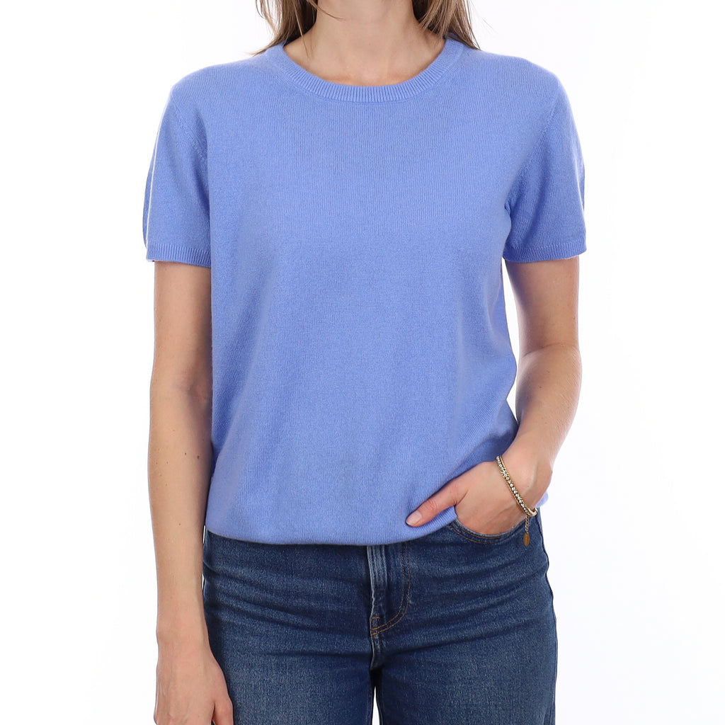 Brand New Cornflower Blue Cashmere Crew Neck T-Shirt Small UK 8-10
